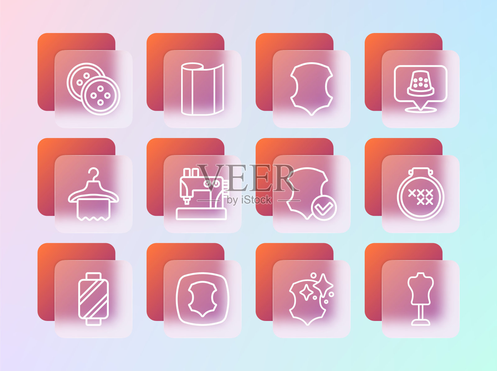 套线针针，皮革，缝纫机，钮扣衣服和纺织面料卷图标。向量插画图片素材