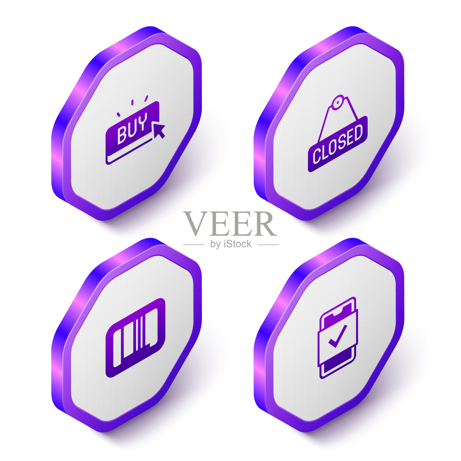设置等距购买按钮，悬挂标志与文字关闭，条形码和移动购物图标。紫色六边形按钮。向量插画图片素材