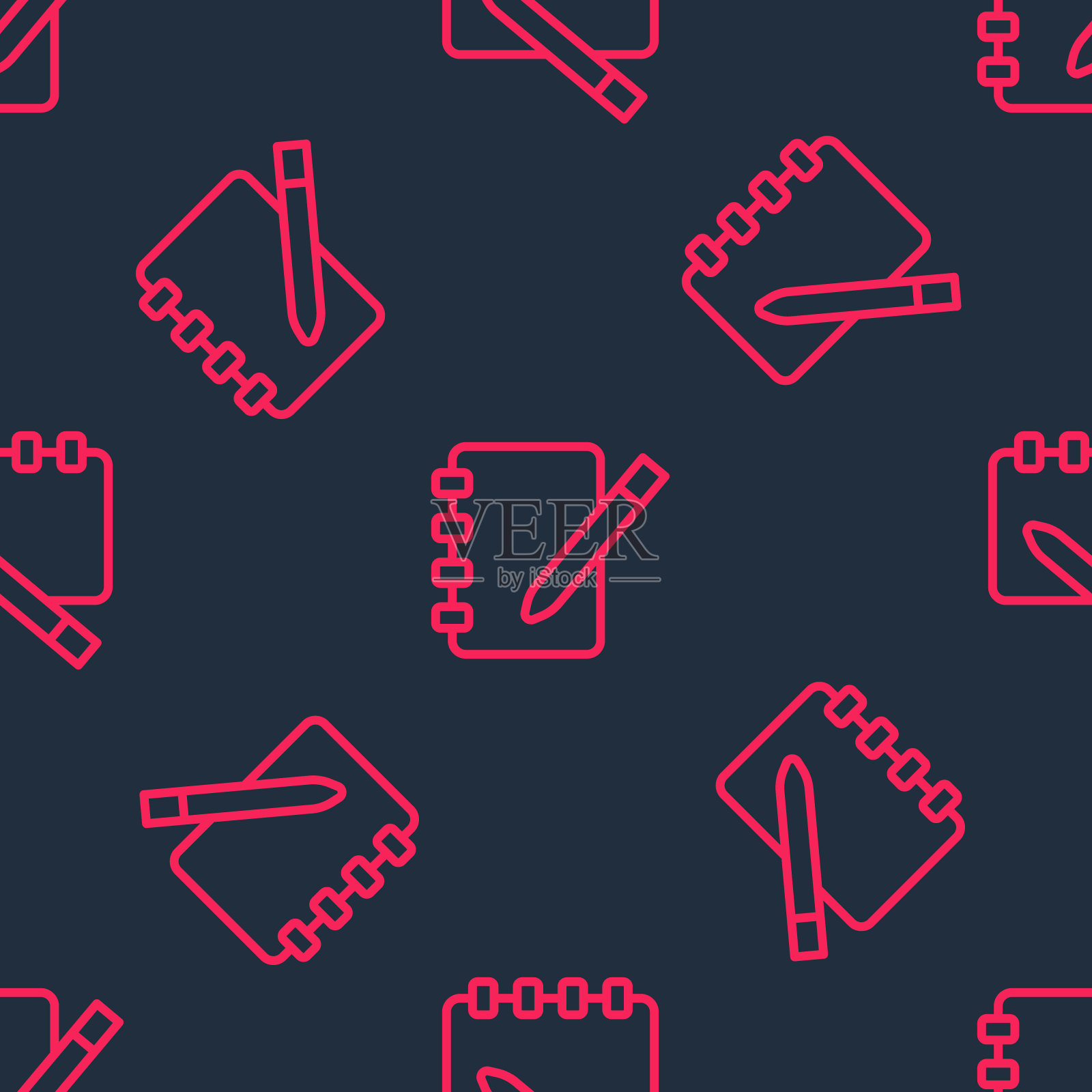 红线笔记本图标隔离无缝图案黑色背景。螺旋记事本图标。学校的笔记本。书写纸。学校的日记。向量插画图片素材