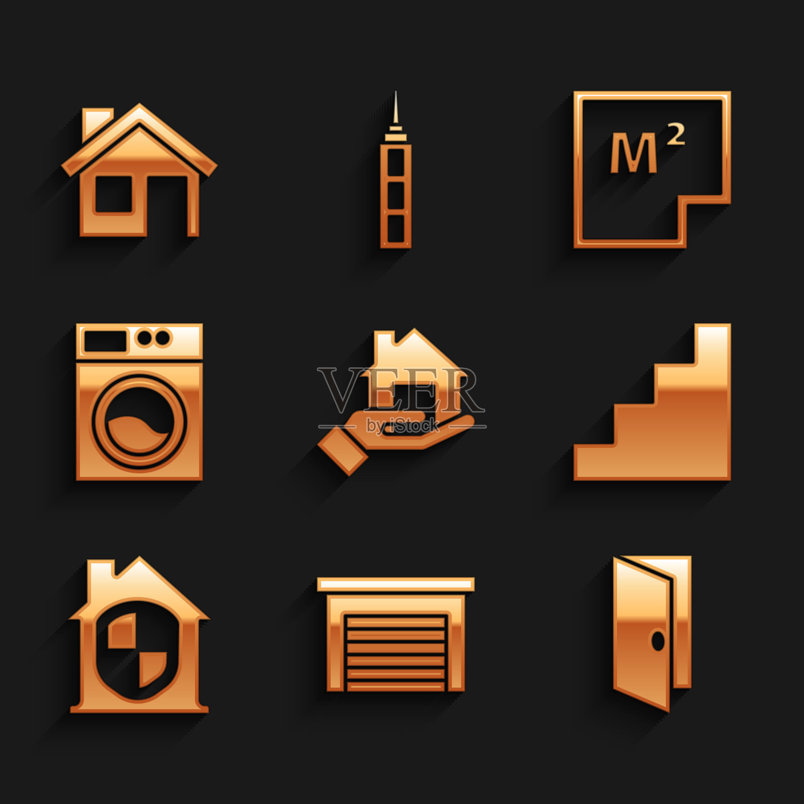 设置房地产经纪人，车库，关闭的门，楼梯，保护下的房子，洗衣机，计划和图标。向量插画图片素材