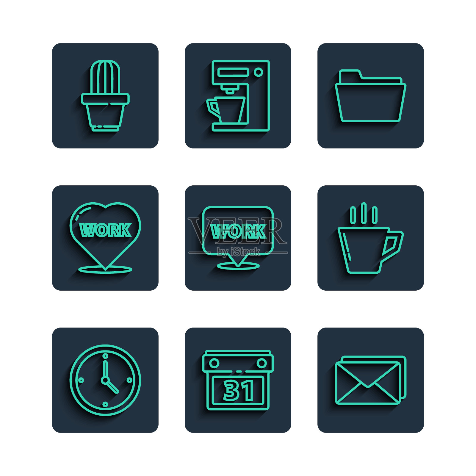 设置线时钟，日历，信封，文件文件夹，位置与文字工作，心脏，仙人掌和多肉壶和咖啡杯图标。向量插画图片素材