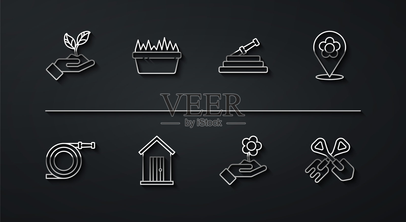 设置线植物在环境，花园软管或消防软管，位置与花，手持，农场的房子，新鲜草矩形，铲耙和图标。向量插画图片素材