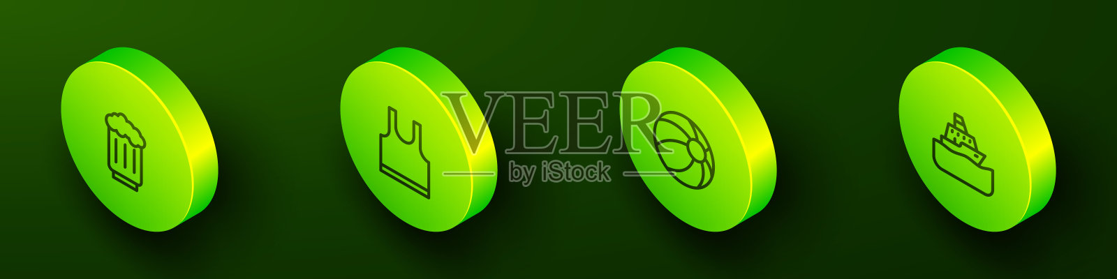 设定等距线木制啤酒杯，无袖t恤，沙滩球和游轮图标。向量插画图片素材