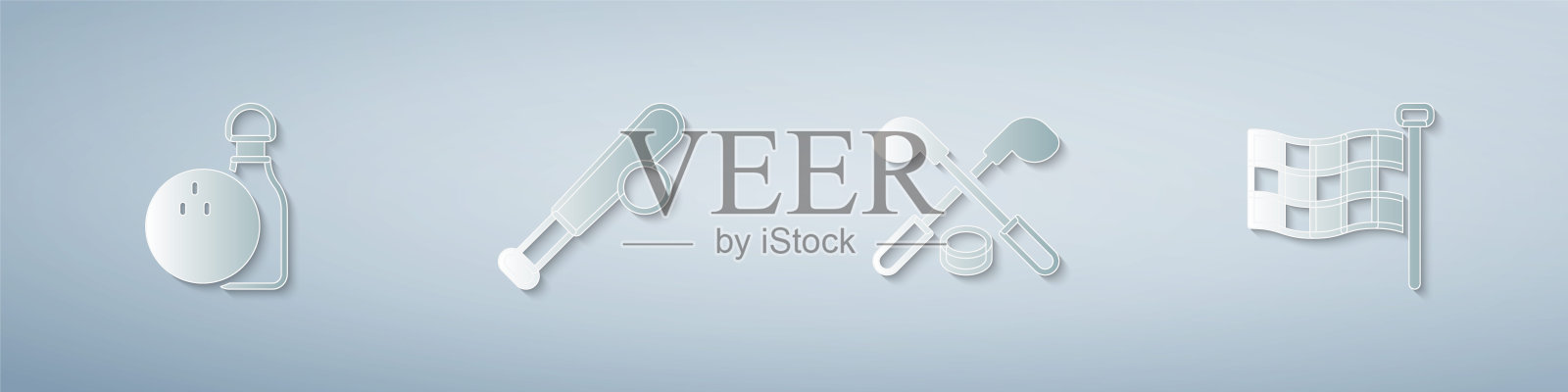 设置保龄球瓶和球，棒球棒，冰球棍，冰球和方格旗。纸艺风格。向量插画图片素材