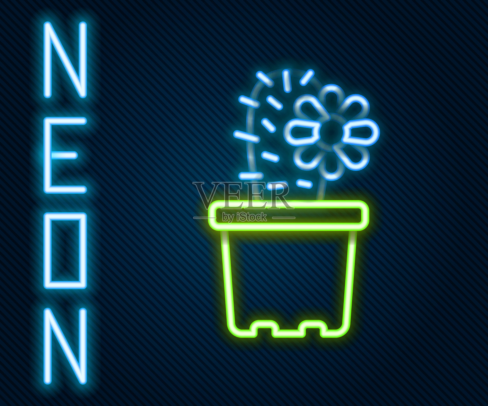 发光的霓虹线仙人掌佩奥特在锅图标孤立的黑色背景。盆栽植物。盆栽植物标志。色彩缤纷的轮廓概念。向量插画图片素材