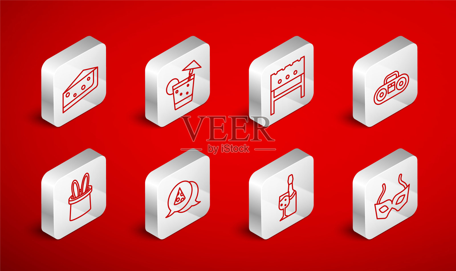 设定线节日面具，鸡尾酒，烧烤火盆，家庭立体声与两个扬声器，香槟瓶，一块蛋糕，披萨片和魔术师帽子和兔子耳朵图标。向量插画图片素材