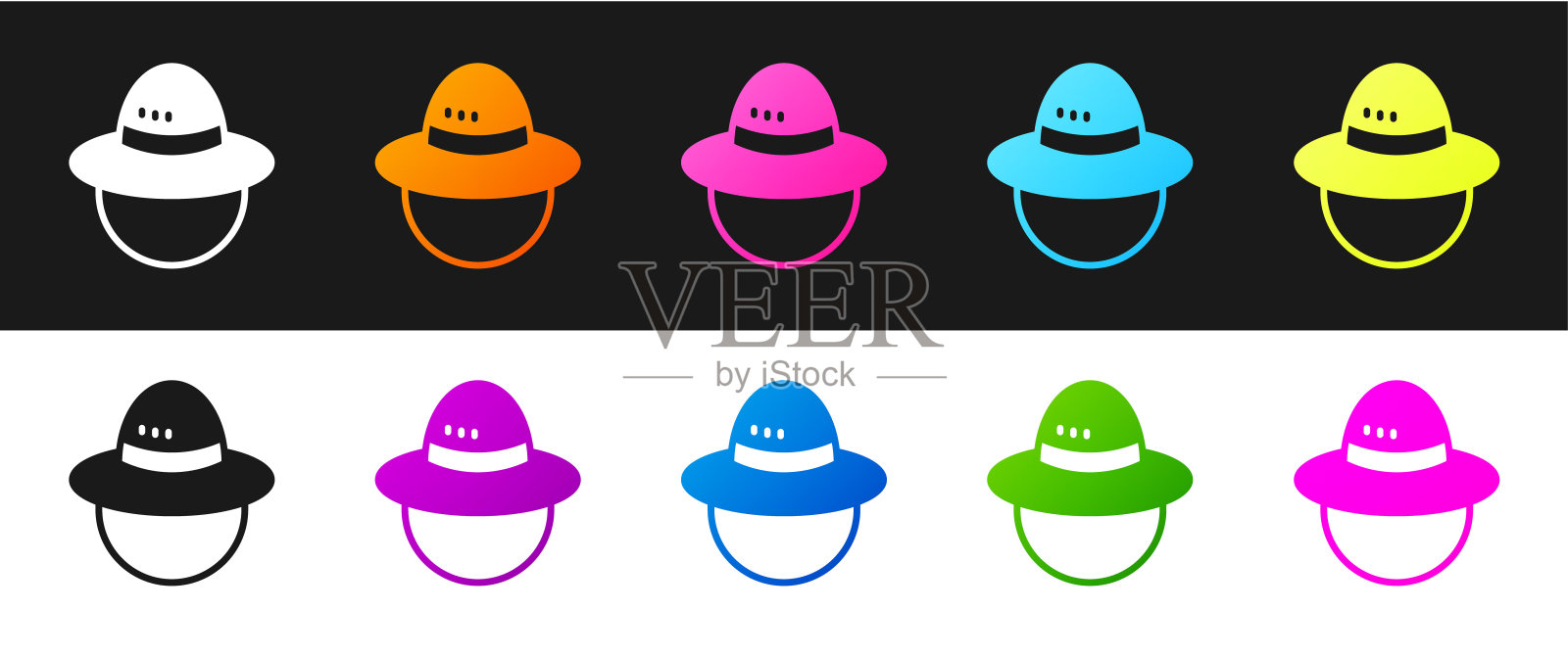 设置露营帽图标孤立的黑色和白色的背景。巴拿马海滩帽。探险旅行者的帽子狩猎，徒步旅行，旅游。向量插画图片素材