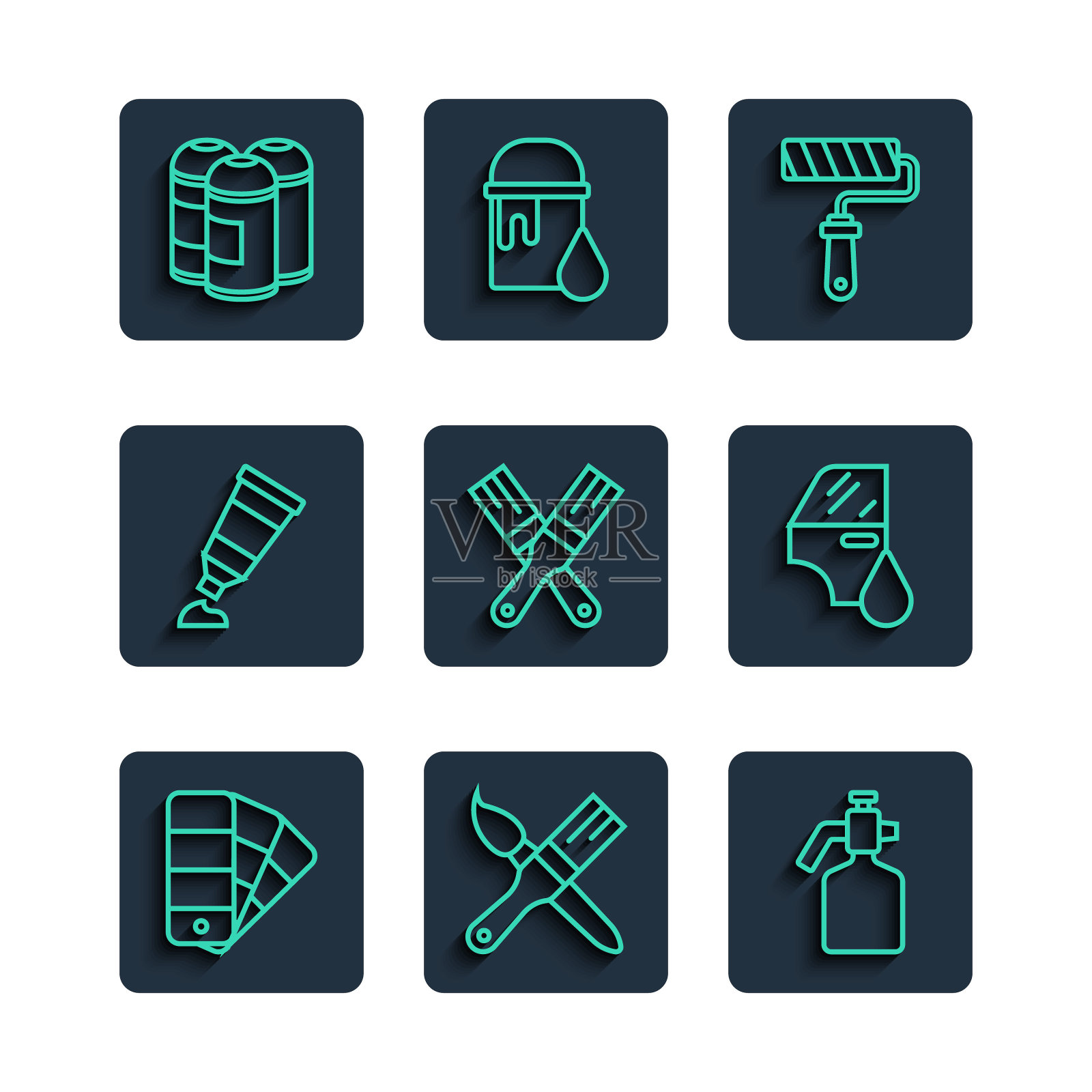 集线调色板指南，油漆刷，喷枪，滚筒，管与油漆，可以和汽车油漆图标。向量插画图片素材