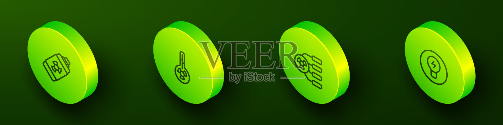 集等距线核能电池，气象温度计，放射性和灯泡的概念的想法图标。向量插画图片素材