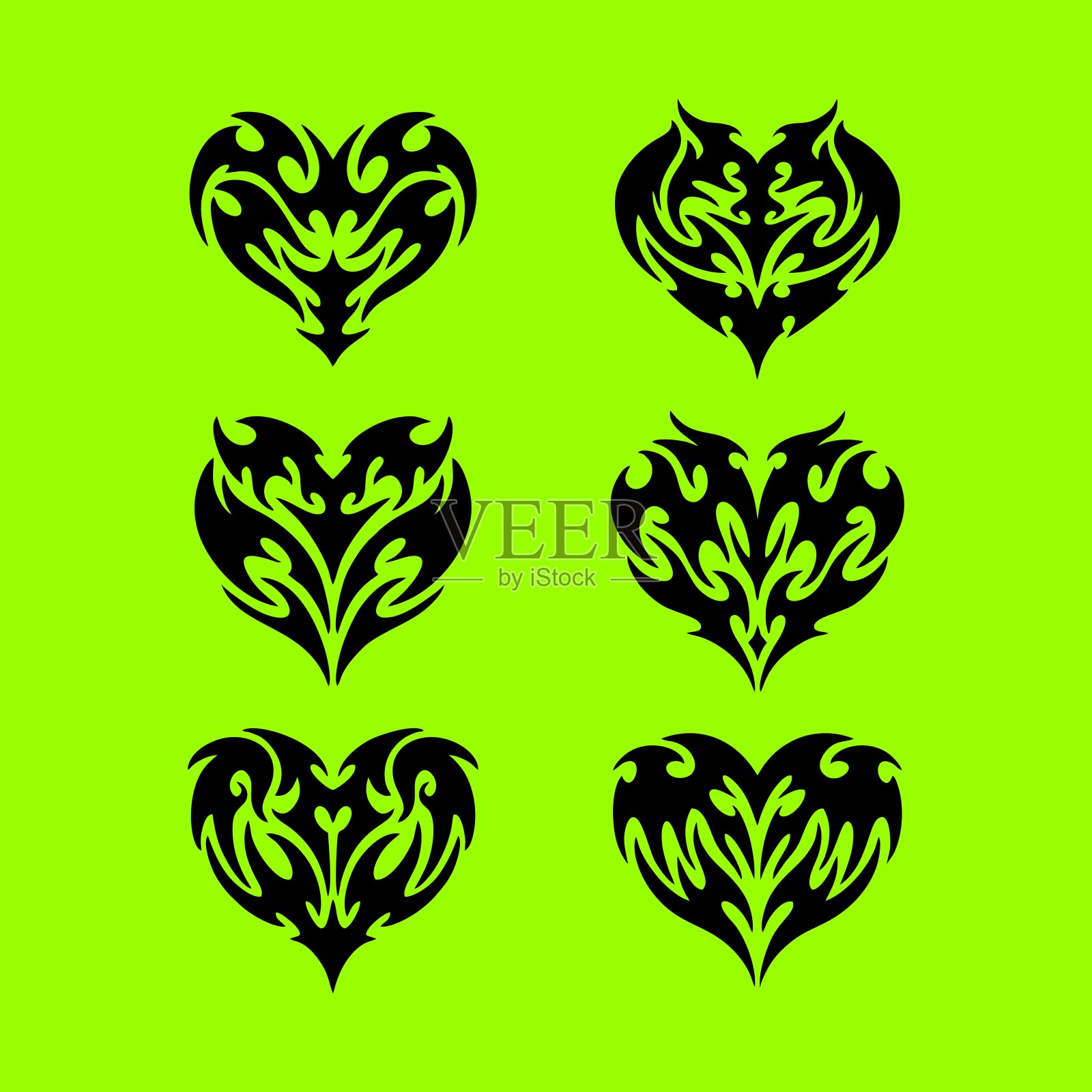 心纹身新部落集，矢量哥特式岩石火焰形状套件，u2k抽象的爱的标志概念。情人节朋克复古贴纸收藏，新部落网络哥特装饰。风格化的心形纹身印花插画图片素材