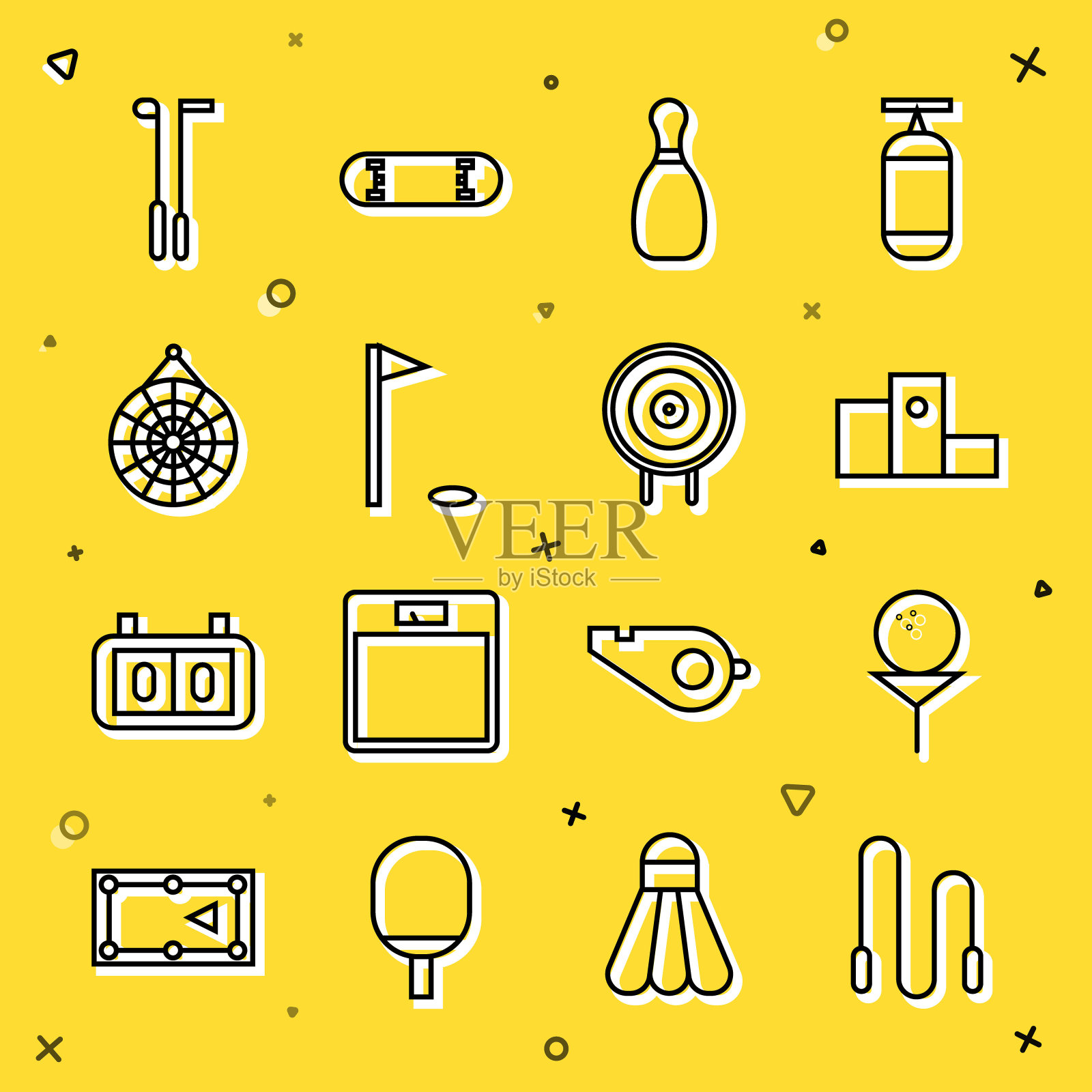 设置线跳绳，高尔夫球在tee，奖项超过体育冠军领奖台，保龄球瓶，旗帜，经典飞镖板，俱乐部和目标图标。向量插画图片素材