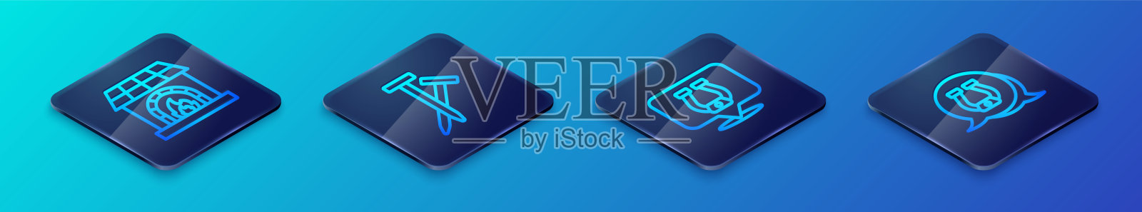 设置等距线马蹄铁，铁匠烤箱，和金属钉子图标。向量插画图片素材