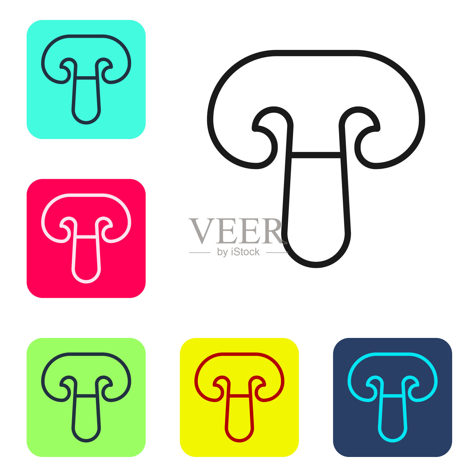 黑线蘑菇图标孤立在白色背景。设置图标为彩色方形按钮。向量插画图片素材