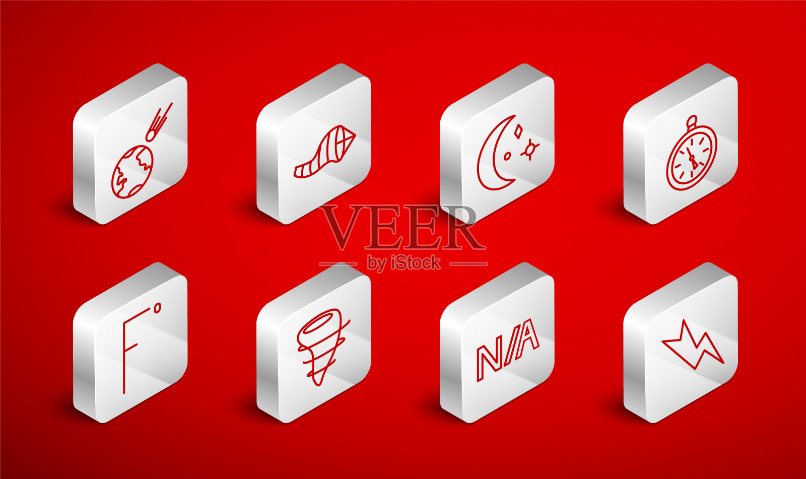 设置线闪电，圆锥气象风向袋风向标，月亮和星星，指南针，不适用，彗星下降快，龙卷风和华氏图标。向量插画图片素材