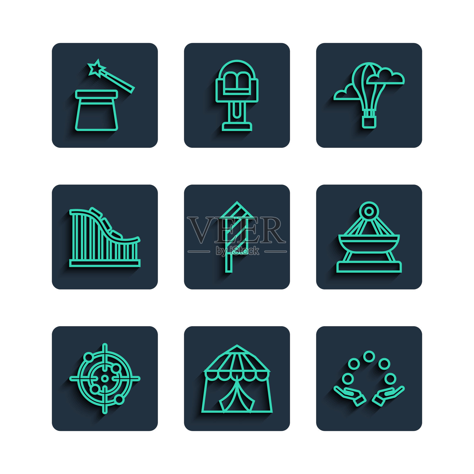 设定线目标运动，马戏团帐篷，杂耍球，热气球，烟花火箭，过山车，魔术帽和魔杖和船摇摆图标。向量插画图片素材