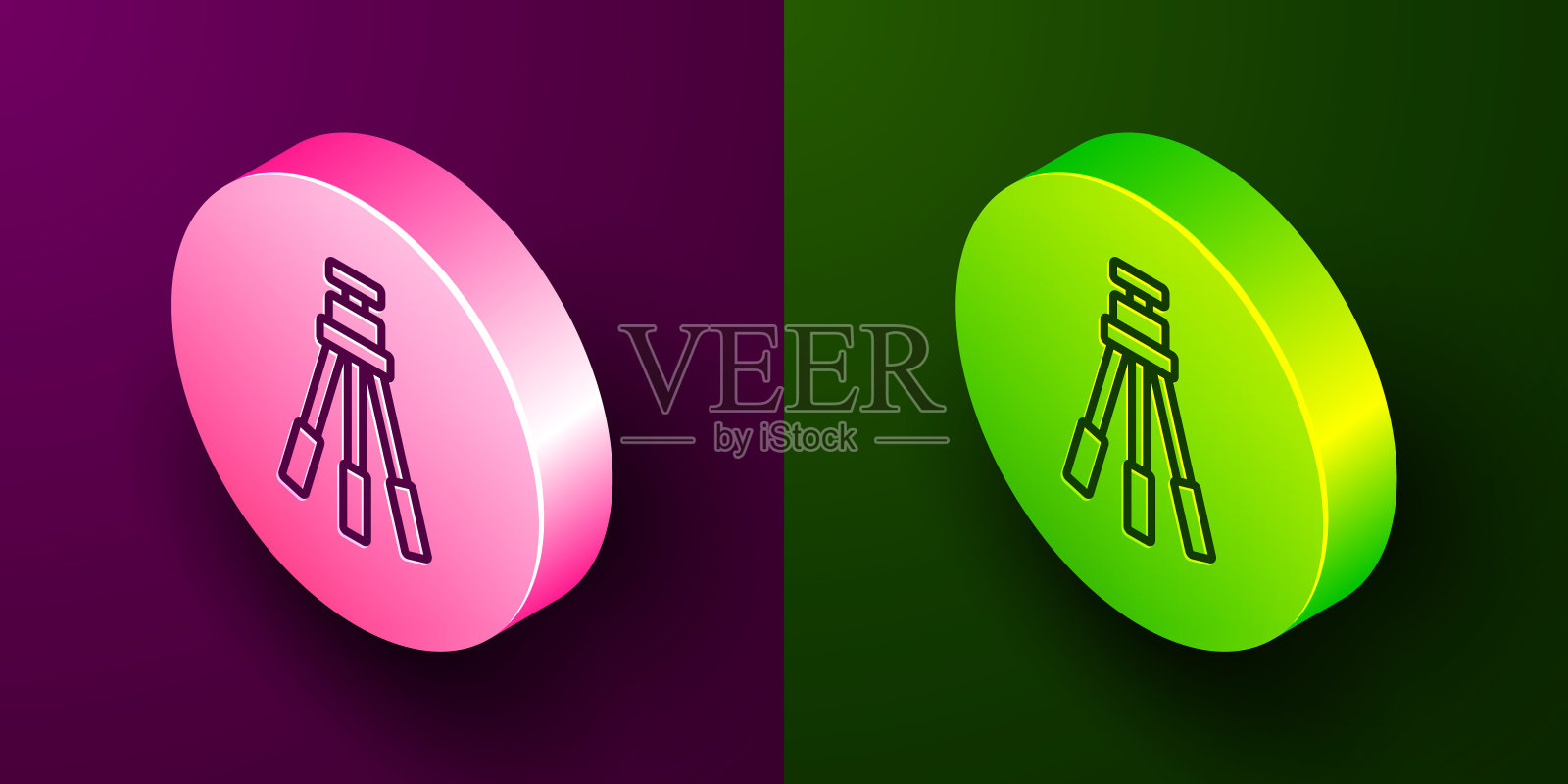等距线三脚架图标隔离在紫色和绿色背景。圆按钮。向量插画图片素材