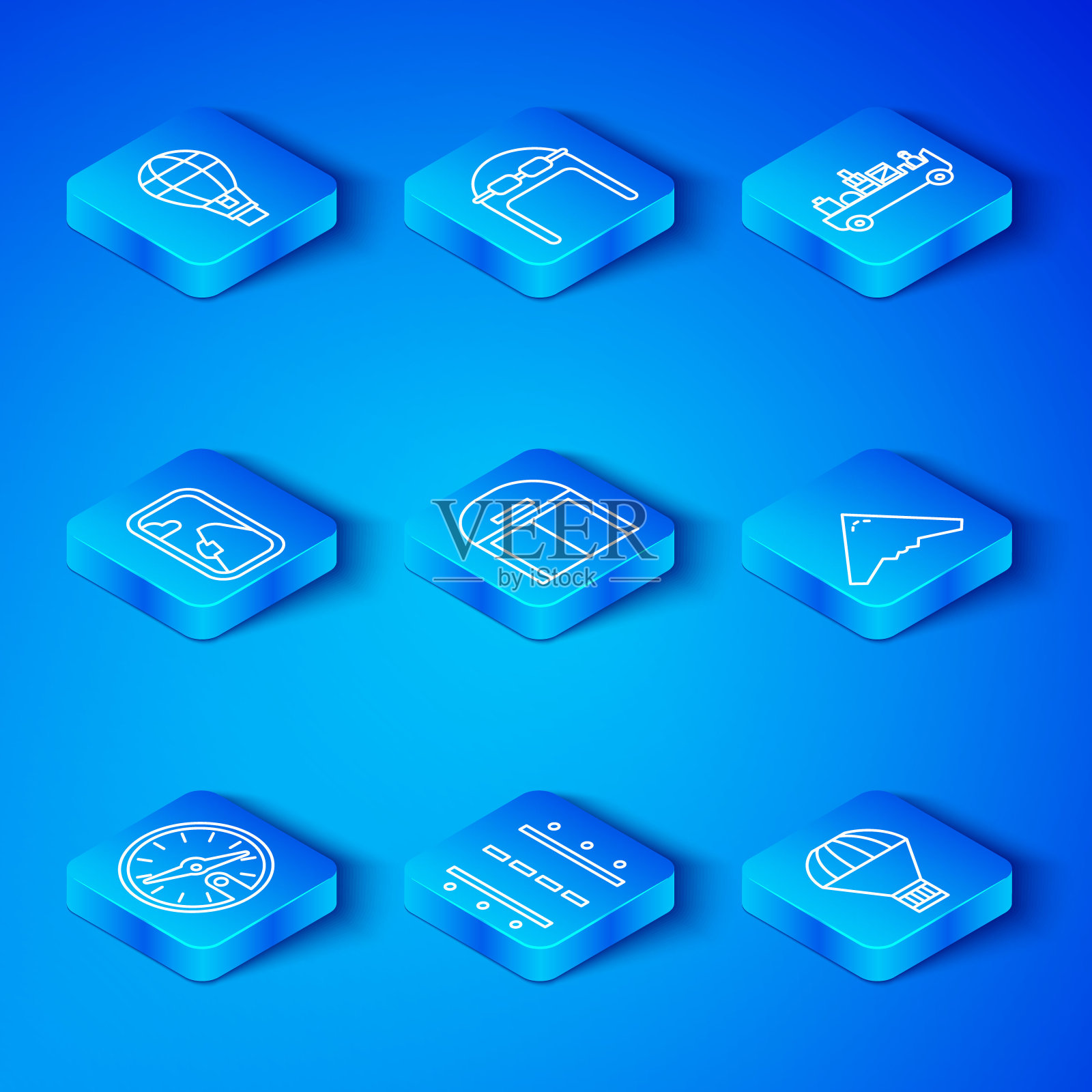 集线指南针，飞机机库，机场跑道，喷气式战斗机，行李拖车，飞机窗口，热气球和箱子飞行降落伞图标。向量插画图片素材