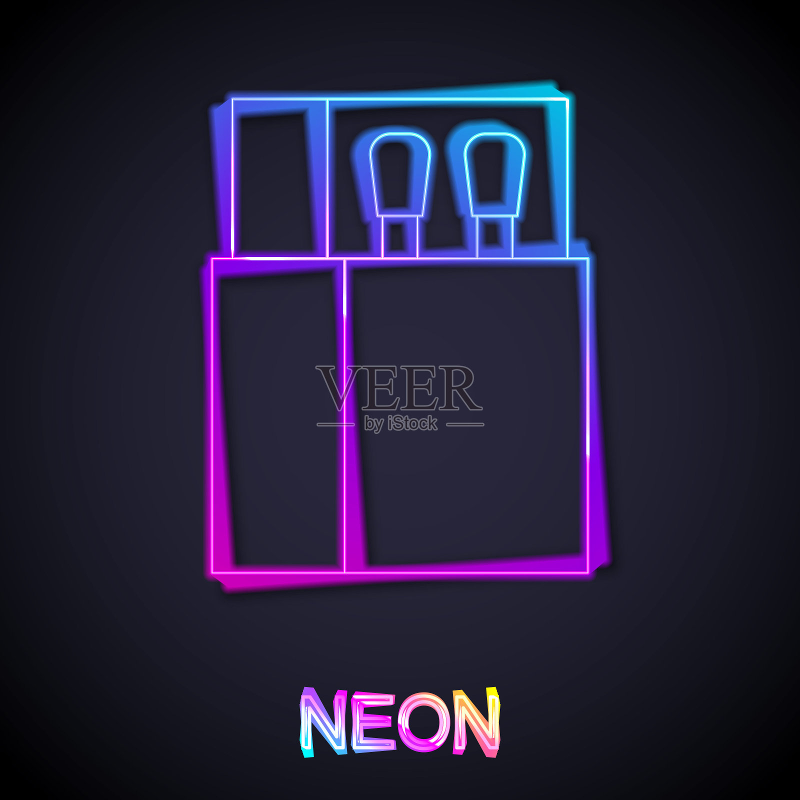 发光的霓虹灯线打开火柴盒和火柴图标孤立的黑色背景。向量插画图片素材