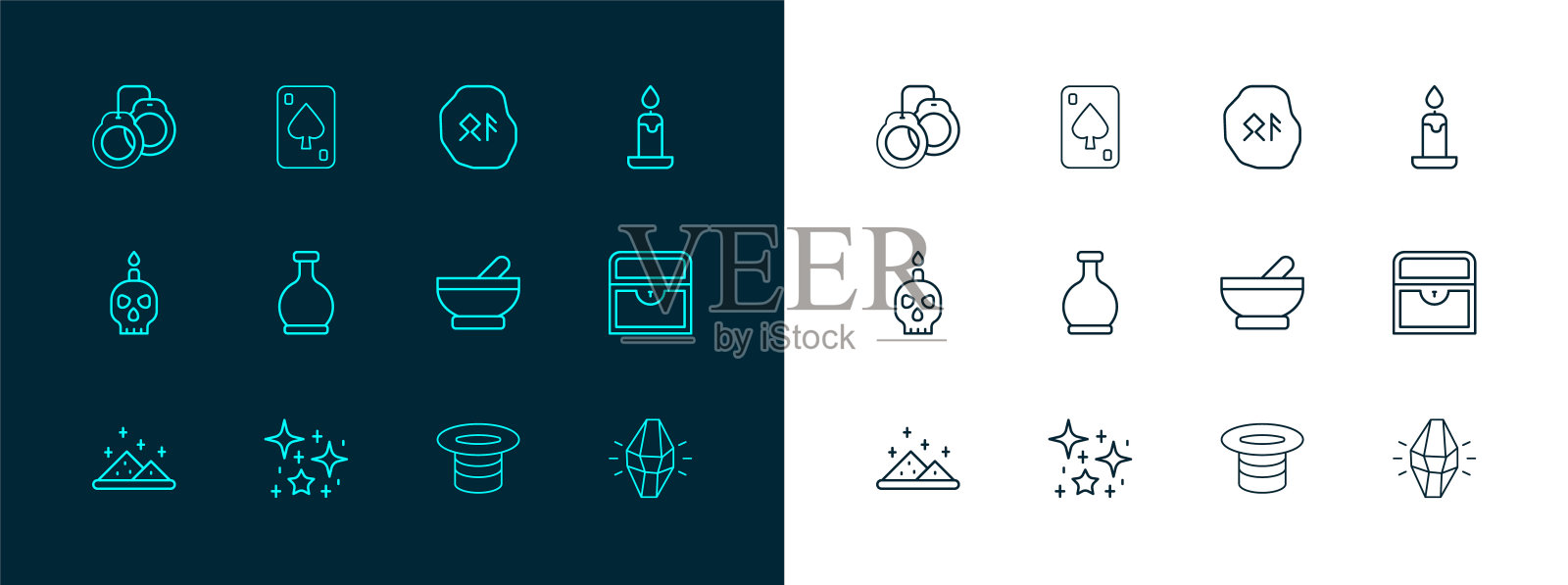 设置线燃烧的蜡烛，神奇的闪闪发光的粒子，女巫大锅，帽子，瓶子与药水，符文，手铐和扑克牌图标。向量插画图片素材