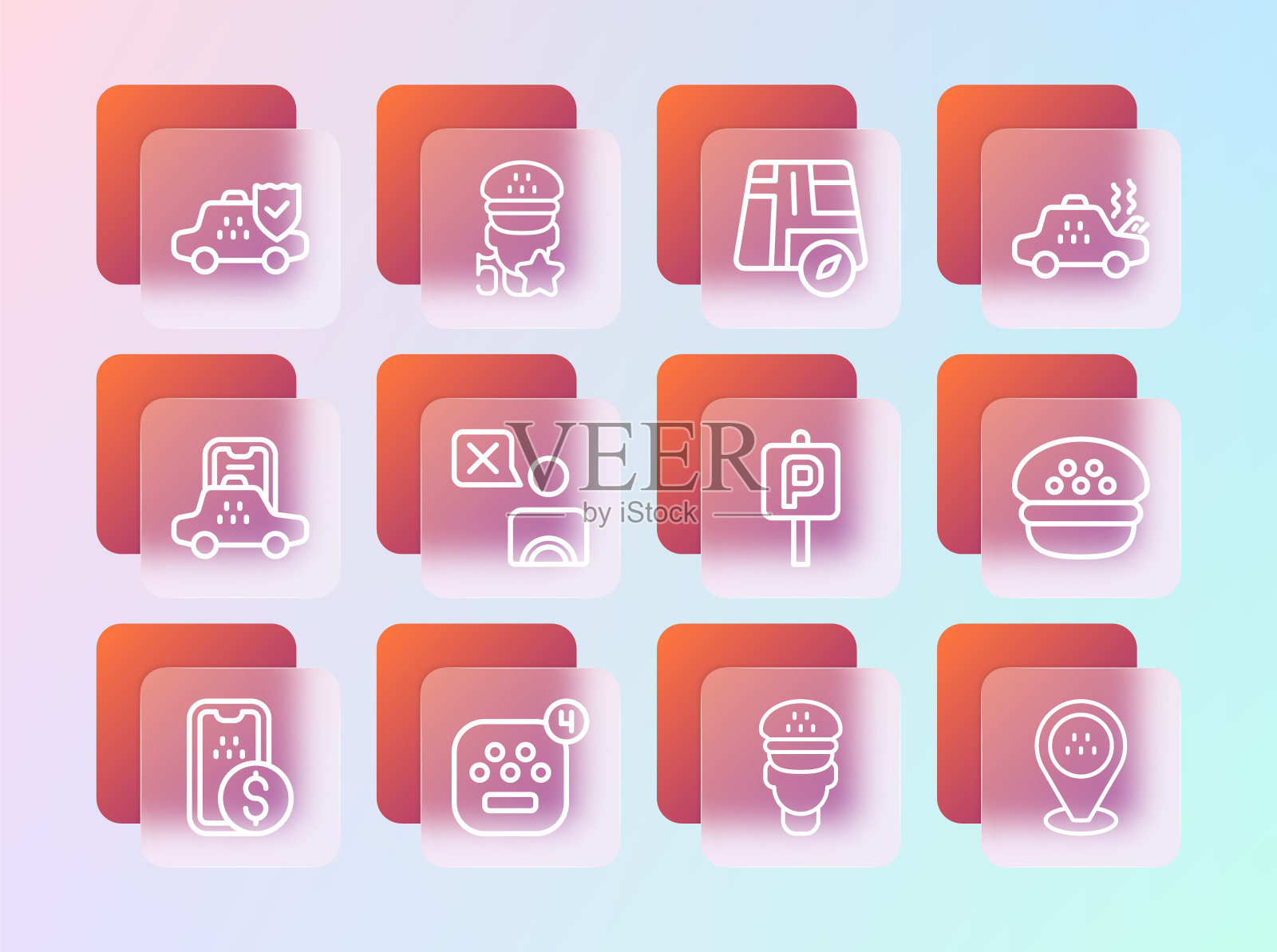 设置线路破碎的出租车，出租车移动应用程序，停车，司机，位置，保险和服务评级图标。向量插画图片素材