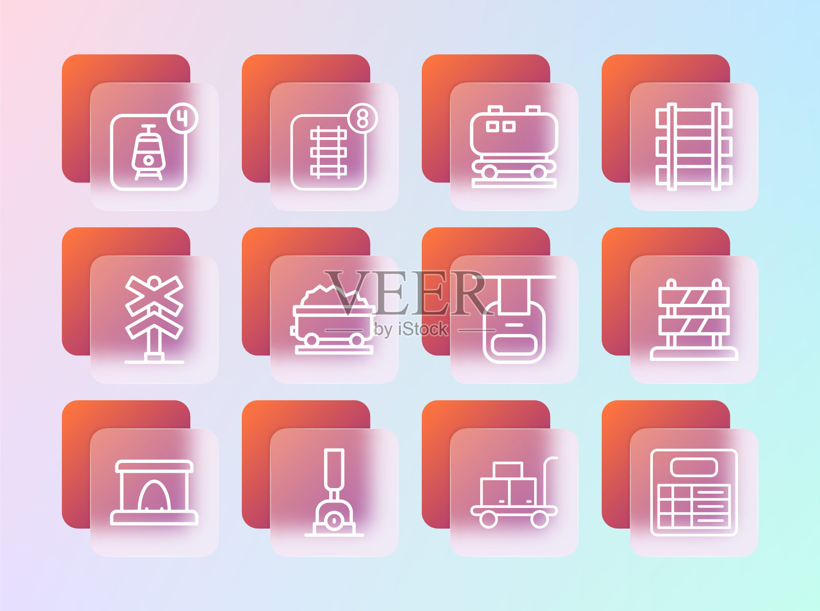 线路铁路，铁路轨道，铁路切换箭头，缆车，电车行李箱，煤炭火车车厢，油罐，在线订票和图标。向量插画图片素材