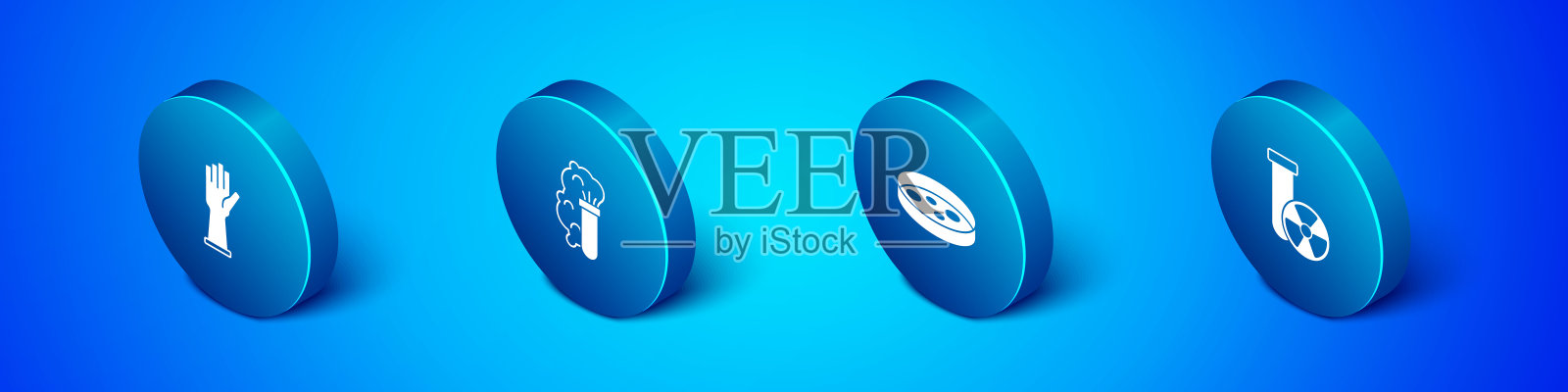 集等距医用橡胶手套，细菌培养皿，试管辐射和化学爆炸图标。向量插画图片素材