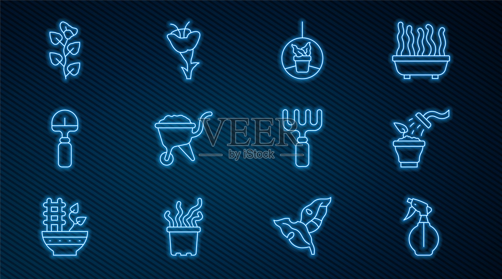 集水喷雾瓶，喷雾器，植物挂罐，带土手推车，铲子，常春藤枝，花园耙和花图标。向量插画图片素材