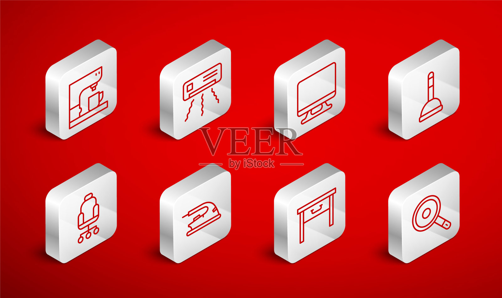 设置线煎锅，空调，智能电视，橡胶柱塞，家具床头柜，咖啡机，电熨斗和办公椅图标。向量插画图片素材