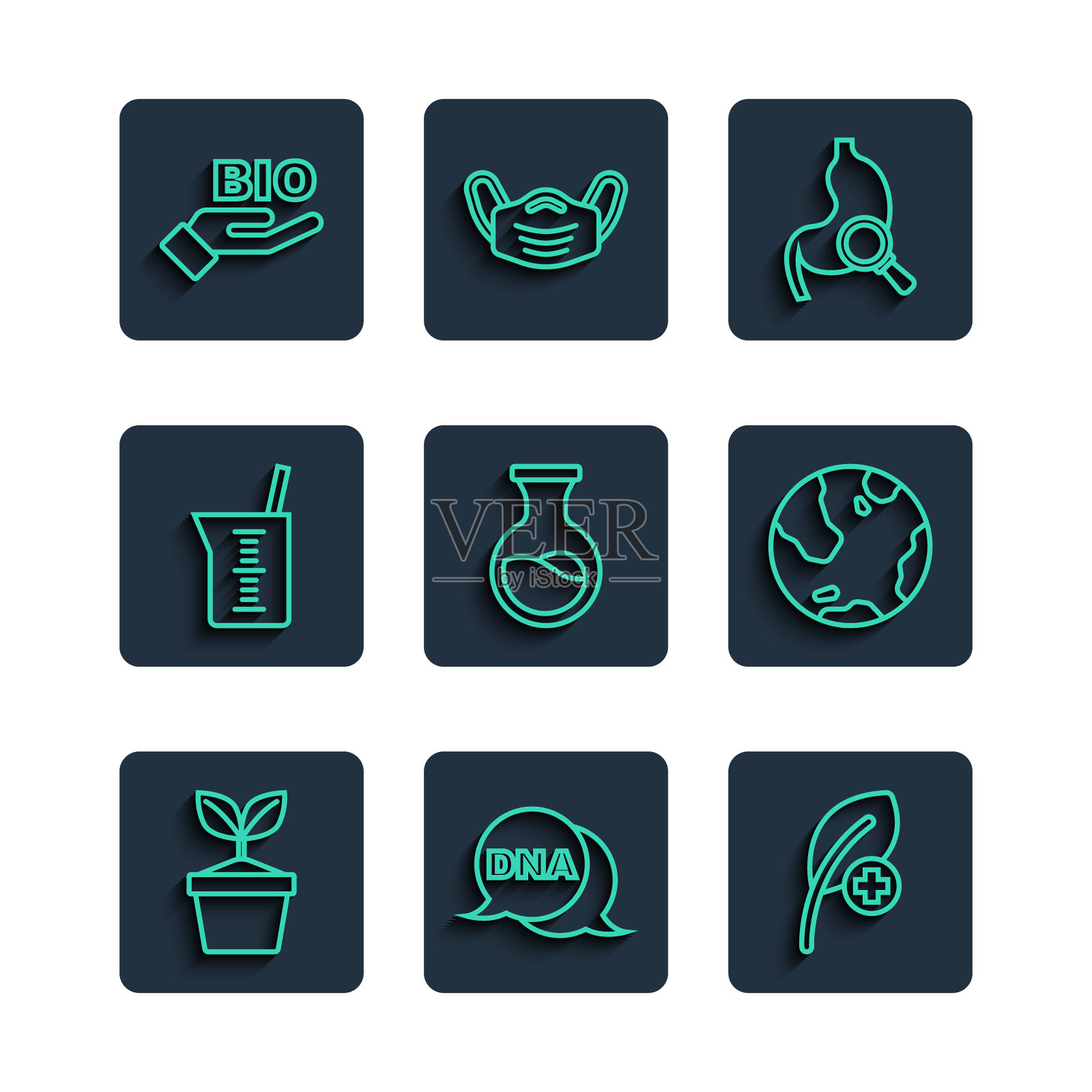 盆栽植物，DNA符号，叶子或叶子，胃与放大镜，试管和烧瓶，实验室玻璃器皿烧杯，生物健康食品和地球图标。向量插画图片素材