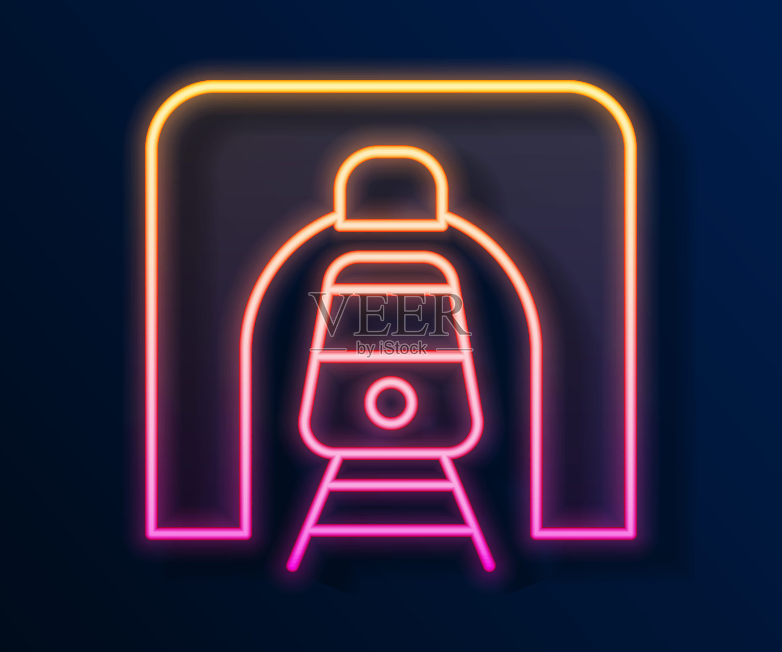 发光的霓虹灯线列车在铁路隧道图标孤立的黑色背景。铁路隧道。向量插画图片素材