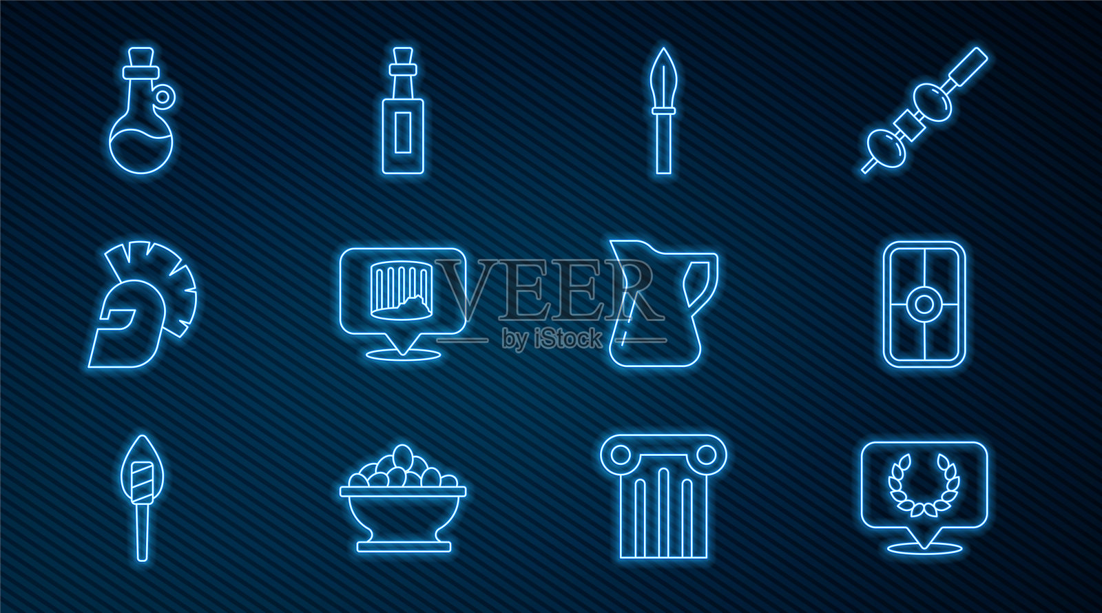 月桂花环，希腊盾牌，中世纪矛，古代柱，头盔，橄榄油瓶，和图标。向量插画图片素材