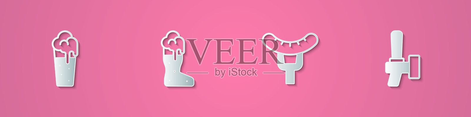 集剪纸玻璃的啤酒，靴子玻璃，香肠上的叉子和啤酒龙头图标。纸艺风格。向量插画图片素材