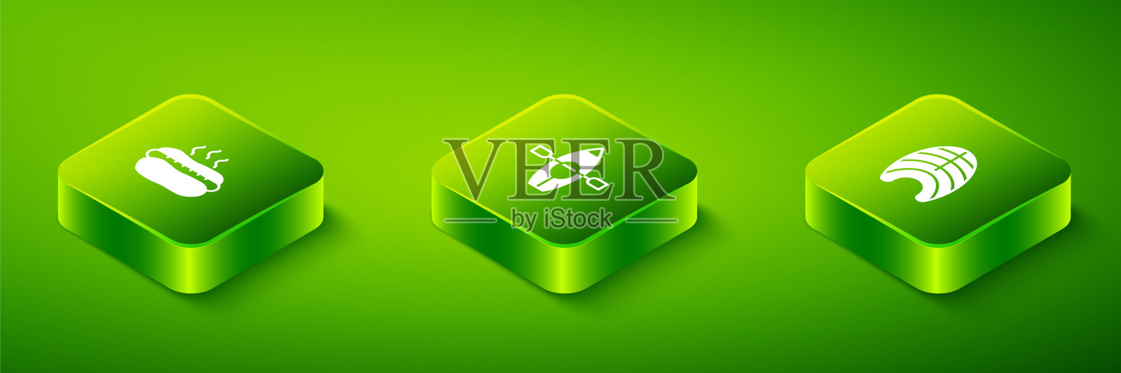 设置等距皮艇和桨，鱼牛排和热狗三明治图标。向量插画图片素材