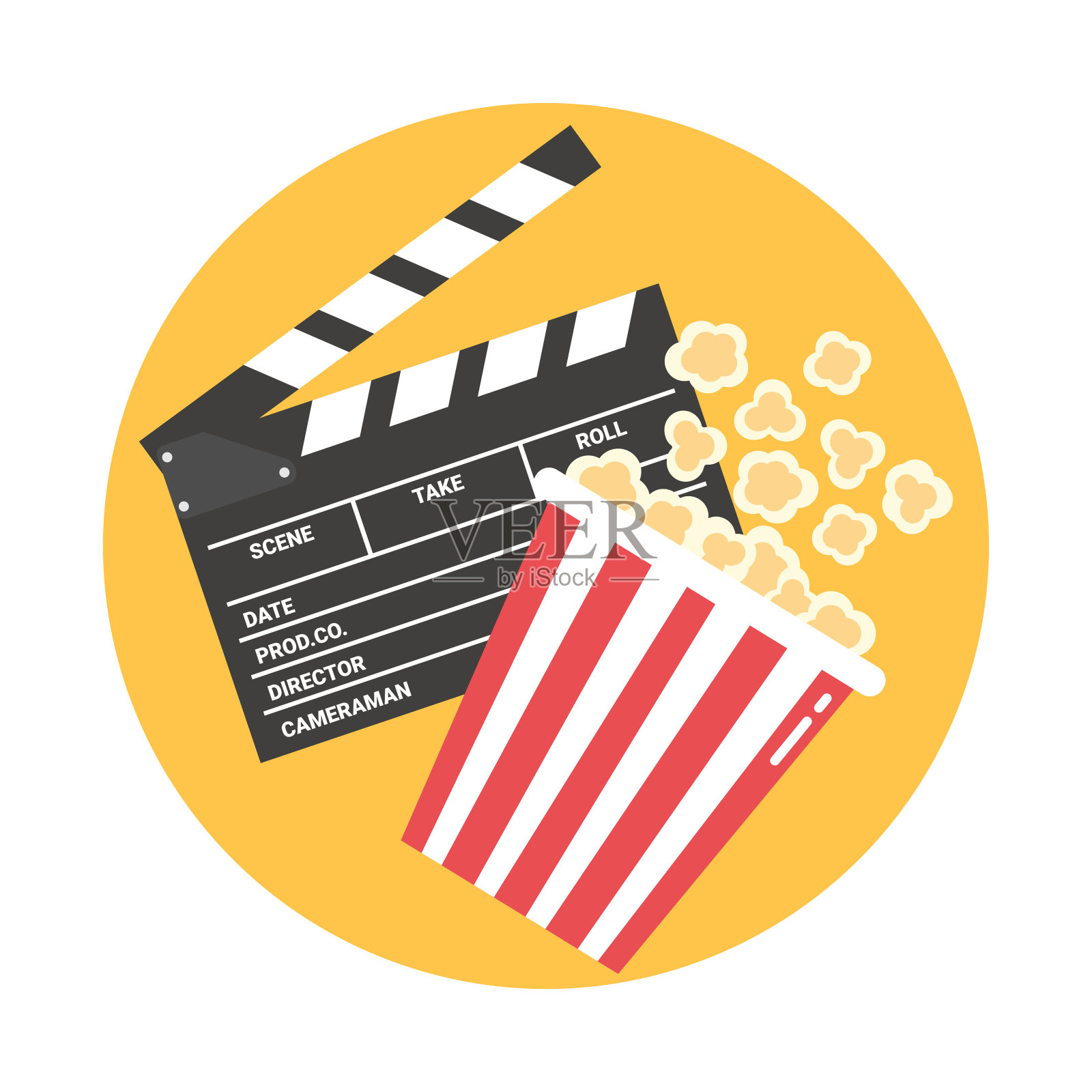 电影院的标志是一个敞开的拍板和爆米花桶。圆形黄色背景。矢量插图在平面风格插画图片素材