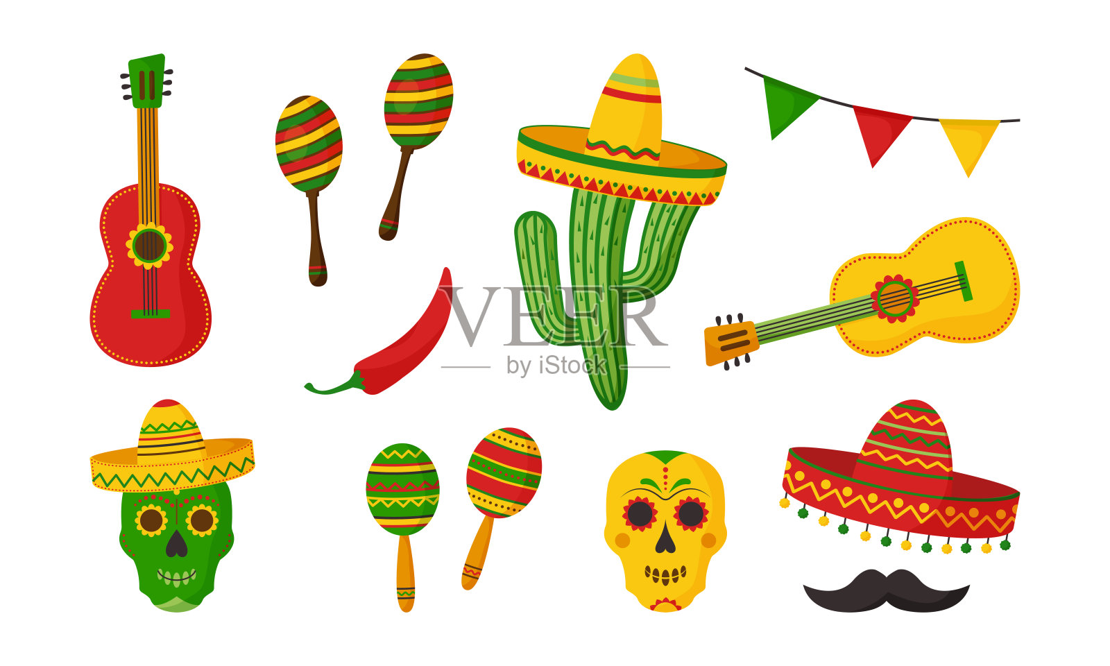 五月五日节派对，墨西哥节日矢量图标。吉他和宽边帽，仙人掌和仙人掌，花环，胡椒，骷髅头，胡子。墨西哥，拉丁美洲，西班牙的节日贴纸。卡通插图插画图片素材