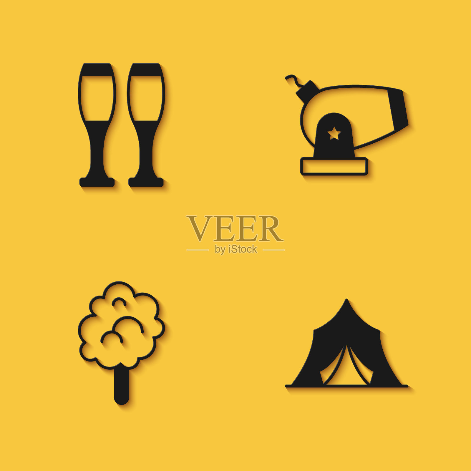 设置保龄球瓶，马戏团帐篷，棉花糖和大炮图标与长阴影。向量插画图片素材