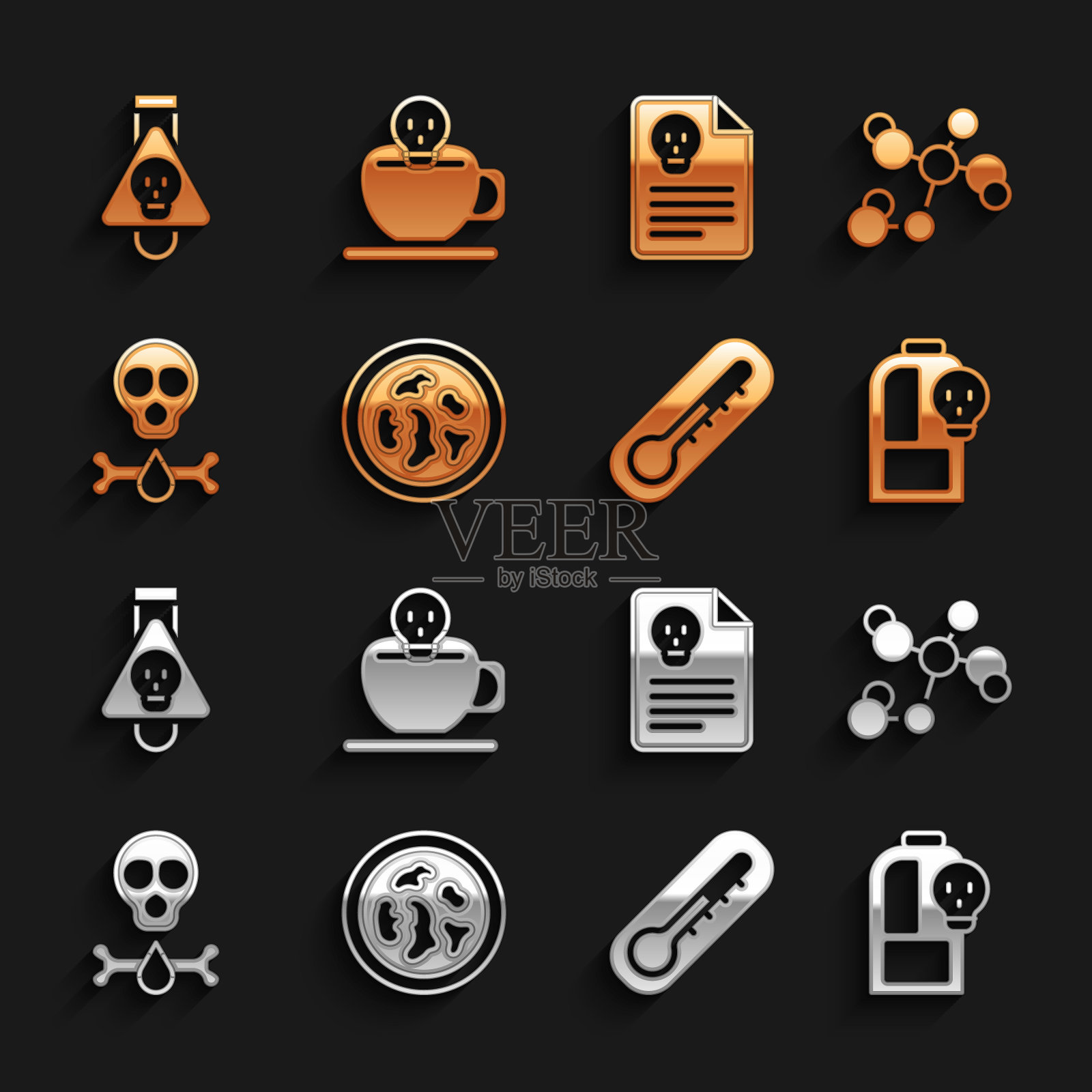 设置细菌培养皿，化学配方，烧杯有毒液体，温度计，骨骼和头骨，辐射警告文件，瓶子药水和咖啡杯图标。向量插画图片素材