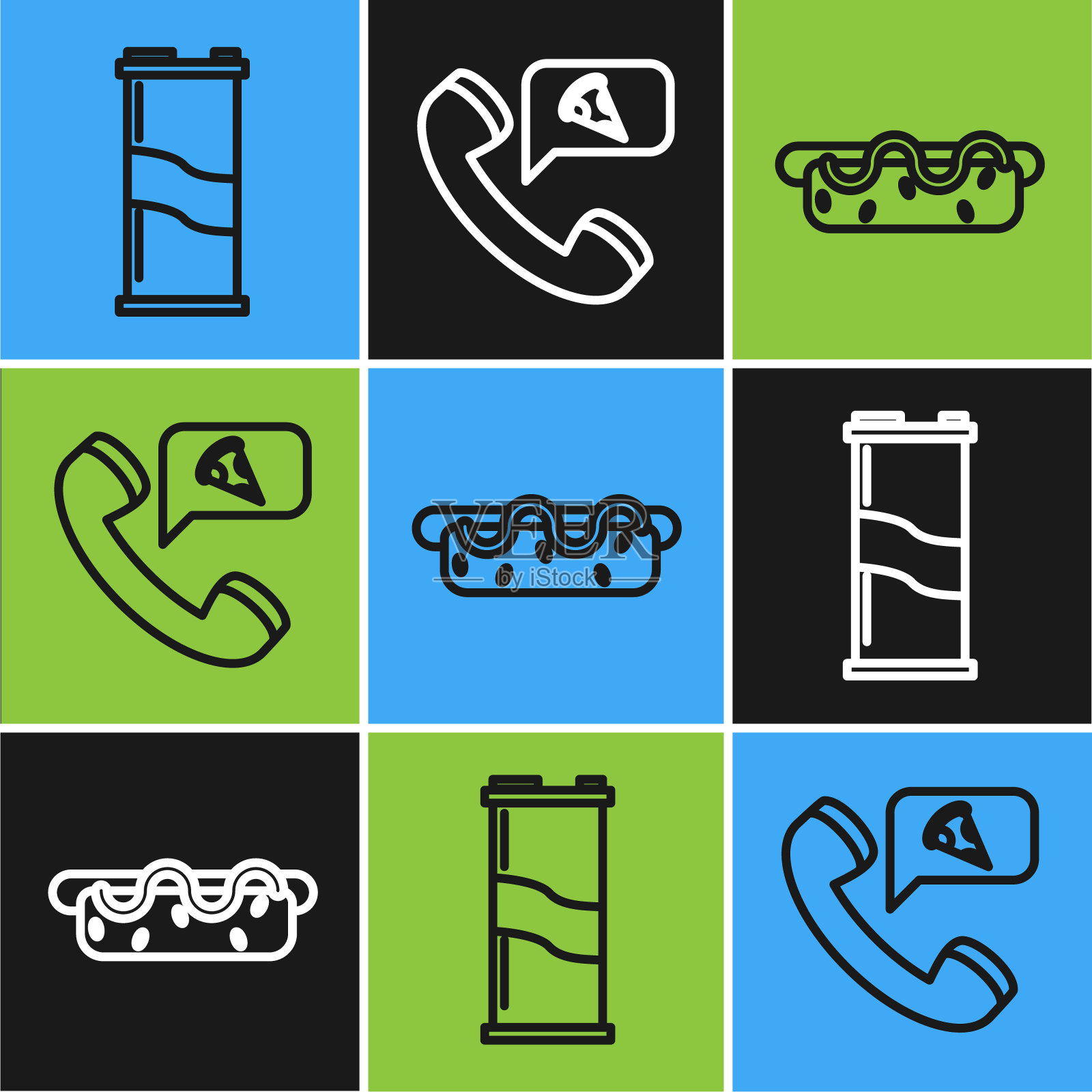 设置线汽水罐，芥末热狗三明治和食品订购披萨图标。向量插画图片素材