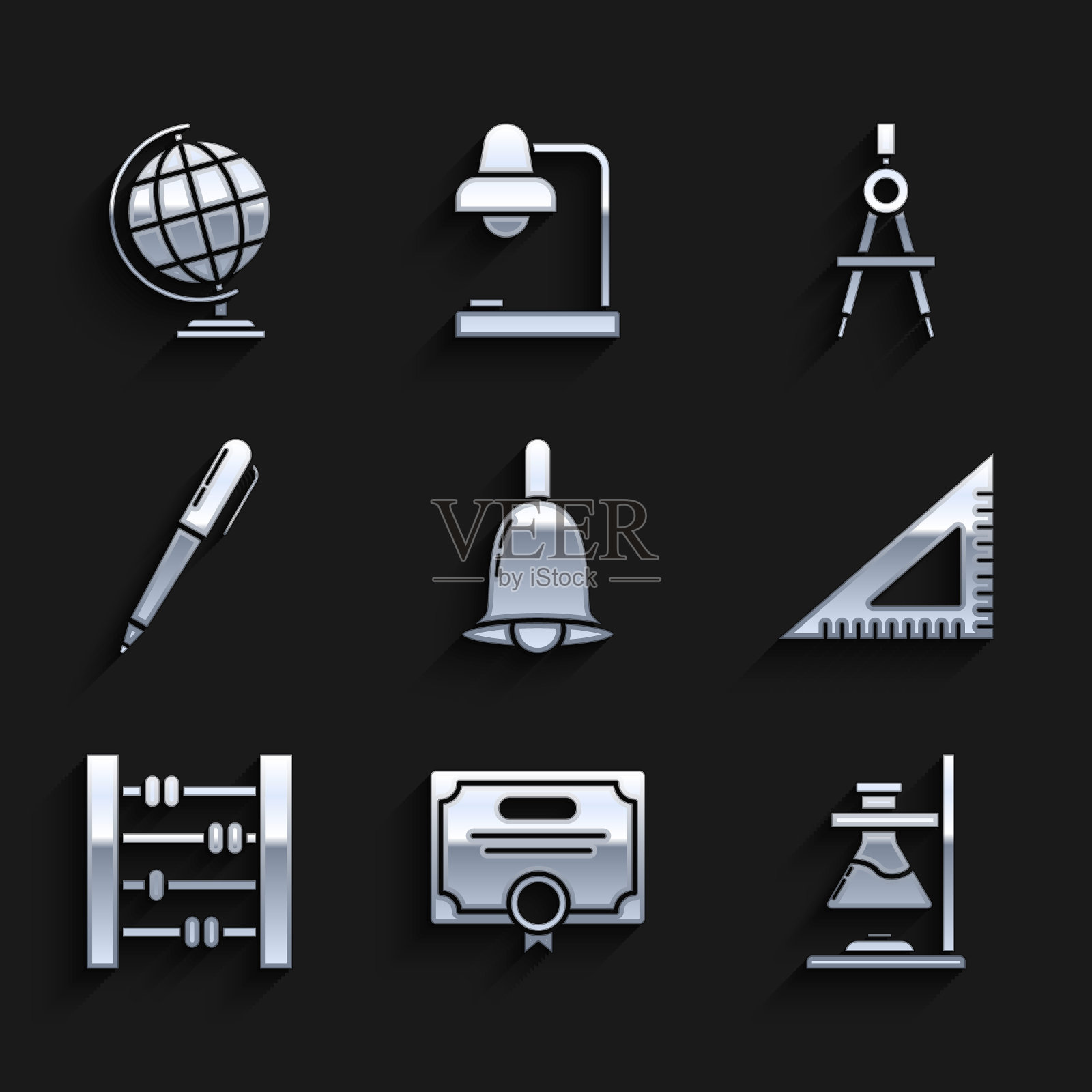 设置铃声，证书模板，玻璃试管烧瓶在火上，三角尺，算盘，笔，绘制指南针和地球的全球图标。向量插画图片素材