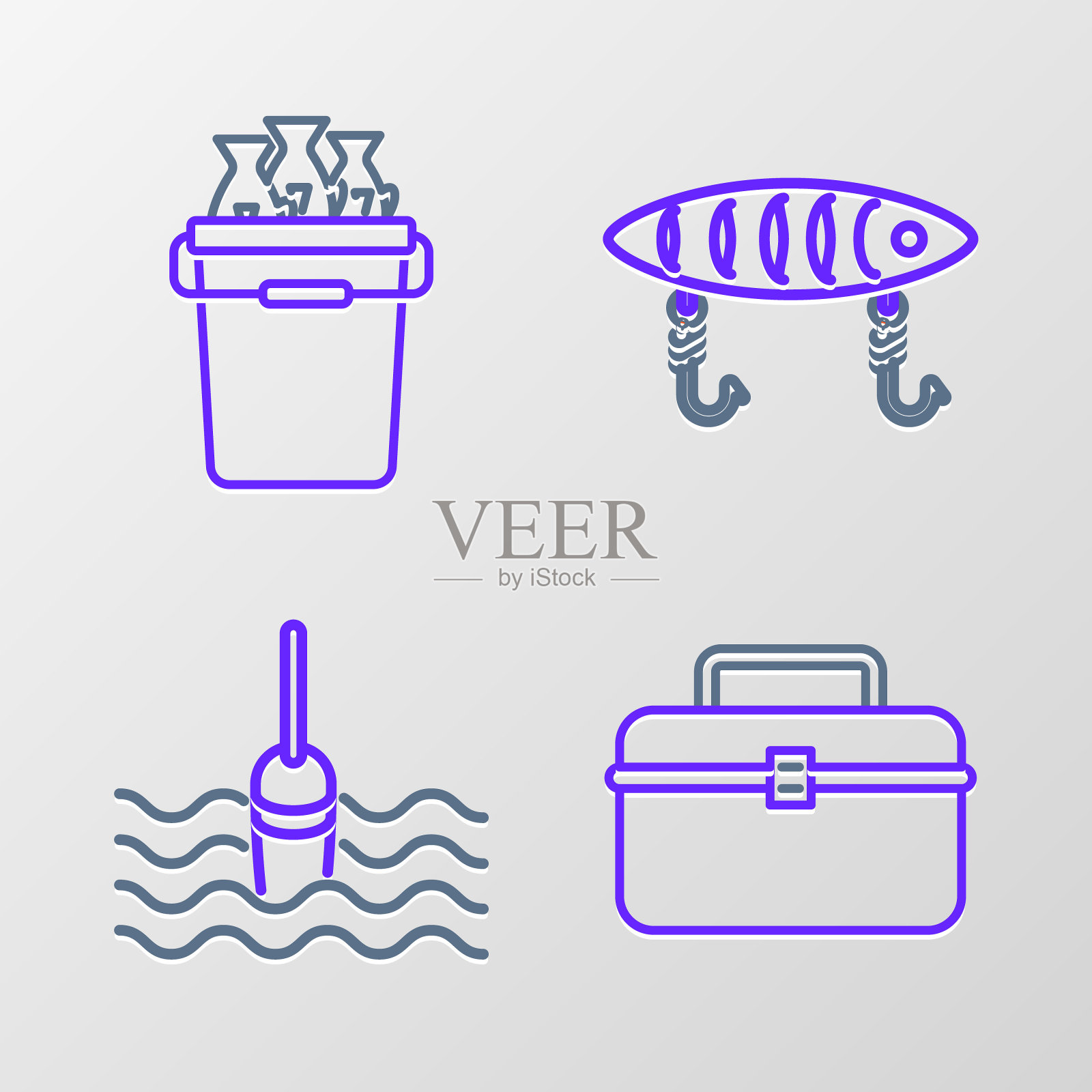 套线箱或箱容器摆动器和渔具，钓鱼浮水，诱饵和桶与鱼的图标。向量插画图片素材