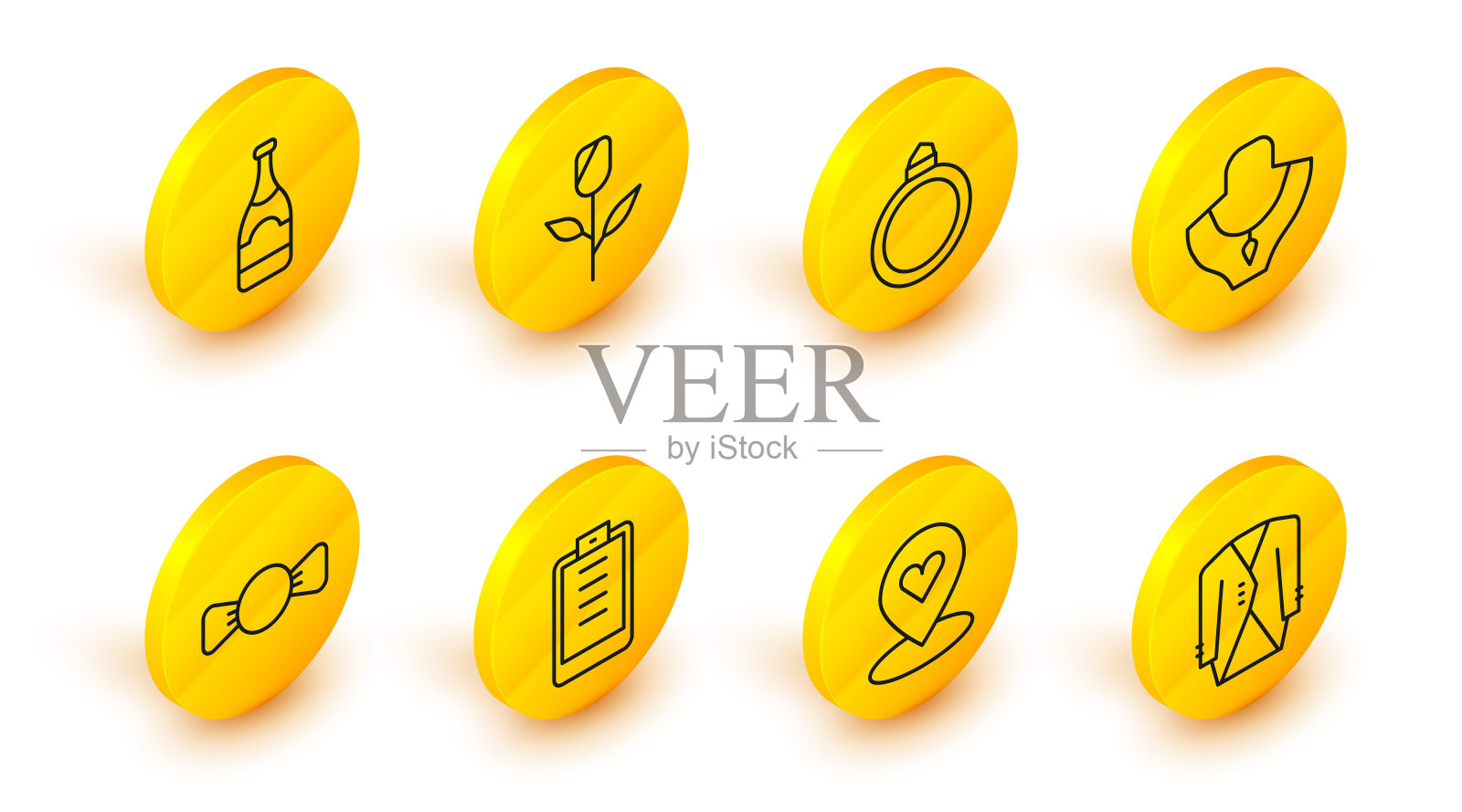 套装，位置与心脏，剪贴板检查表，领结，项链人体模型，钻石订婚戒指，花玫瑰和香槟瓶图标。向量插画图片素材