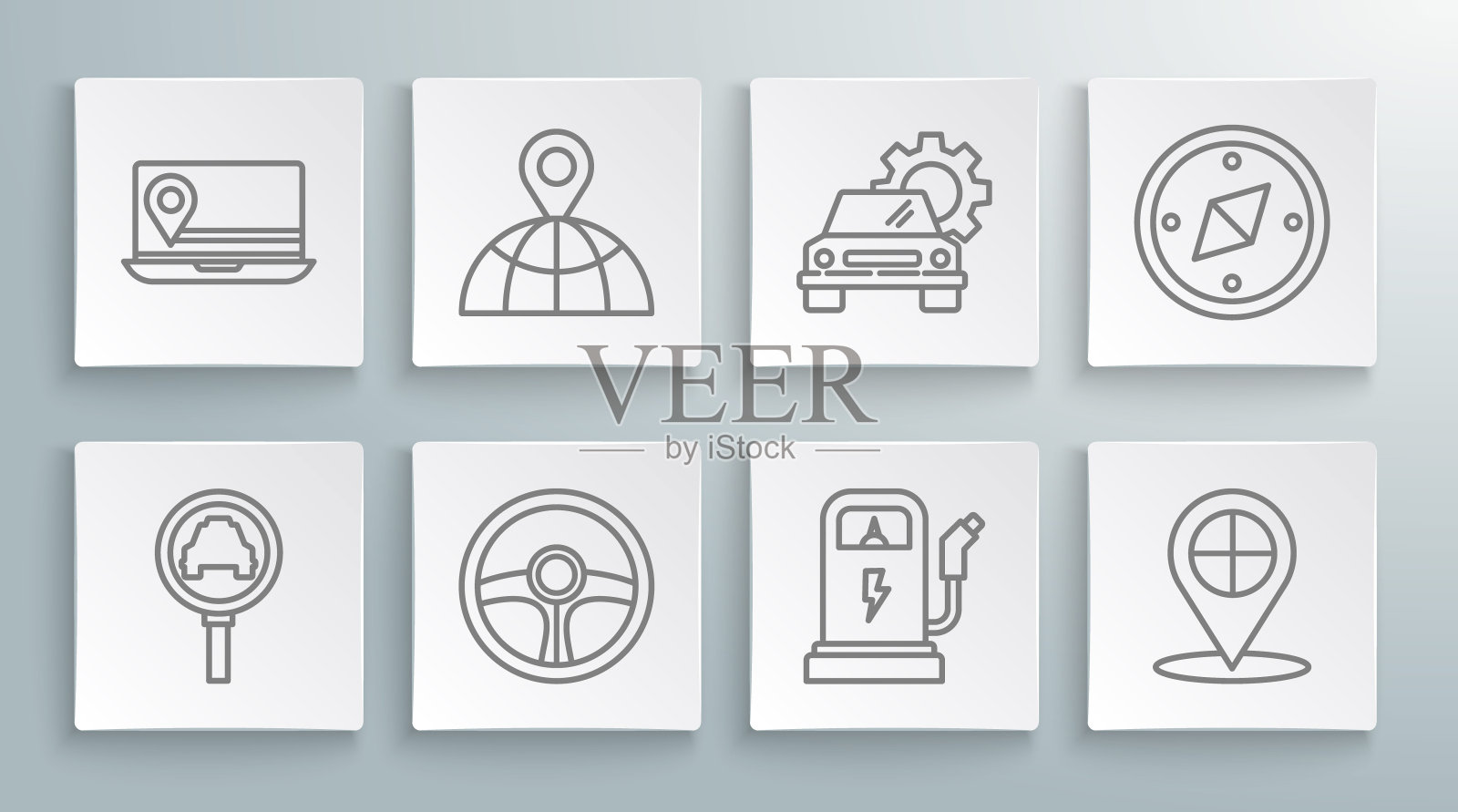 设置线放大镜和出租车，在地球上的位置，方向盘，电动充电站，地图指针，汽车服务，指南针和笔记本电脑的位置标记图标。向量插画图片素材