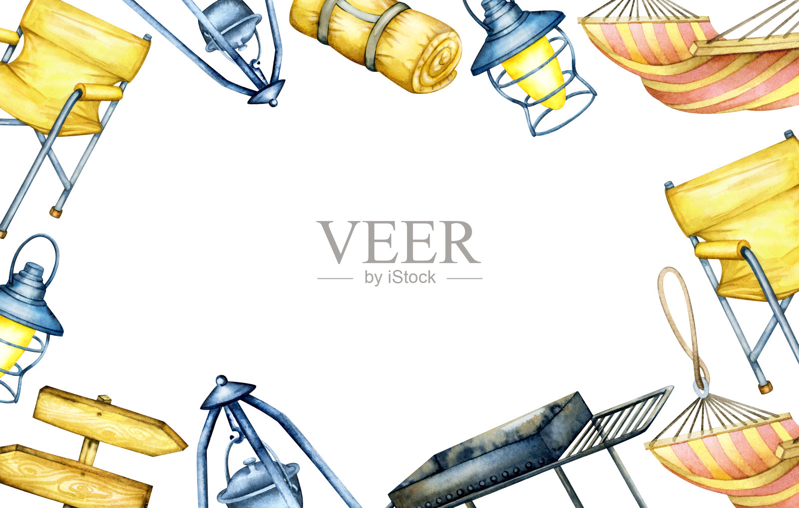 豪华野营胜地有气泡，木制和玻璃房子，舒适的假期，远足，和朋友露营。水彩插图框架，边框，横幅。人类游客在一个豪华迷人的优质露营地。插画图片素材