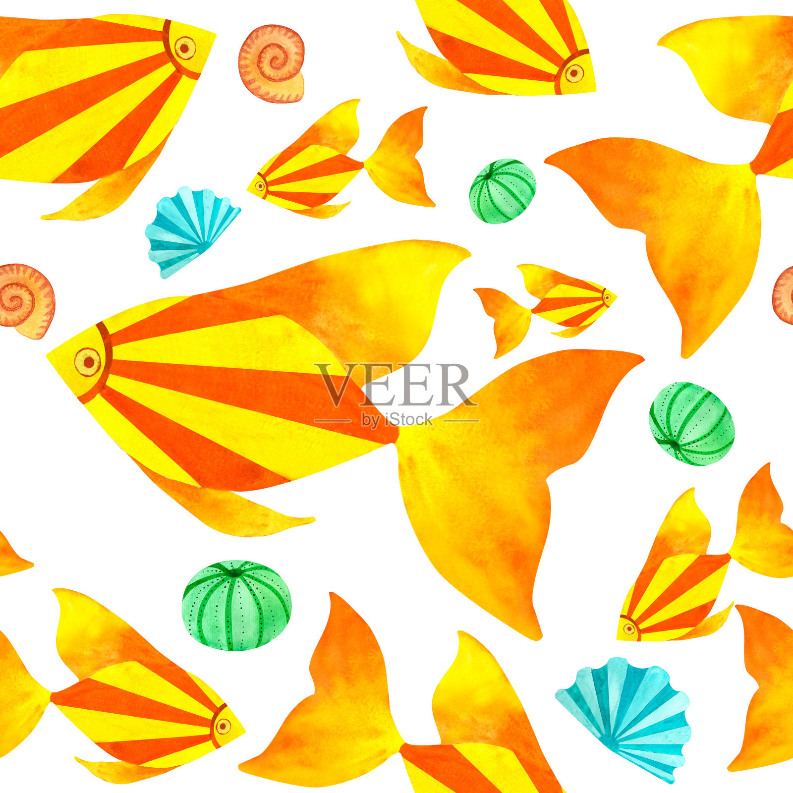 黄色和橙色的海鱼。海洋水下无缝图案，海洋儿童风格的水彩艺术，用于装饰儿童房，包装，剪贴簿，学校，托儿所，邀请函，印刷品，明信片插画图片素材