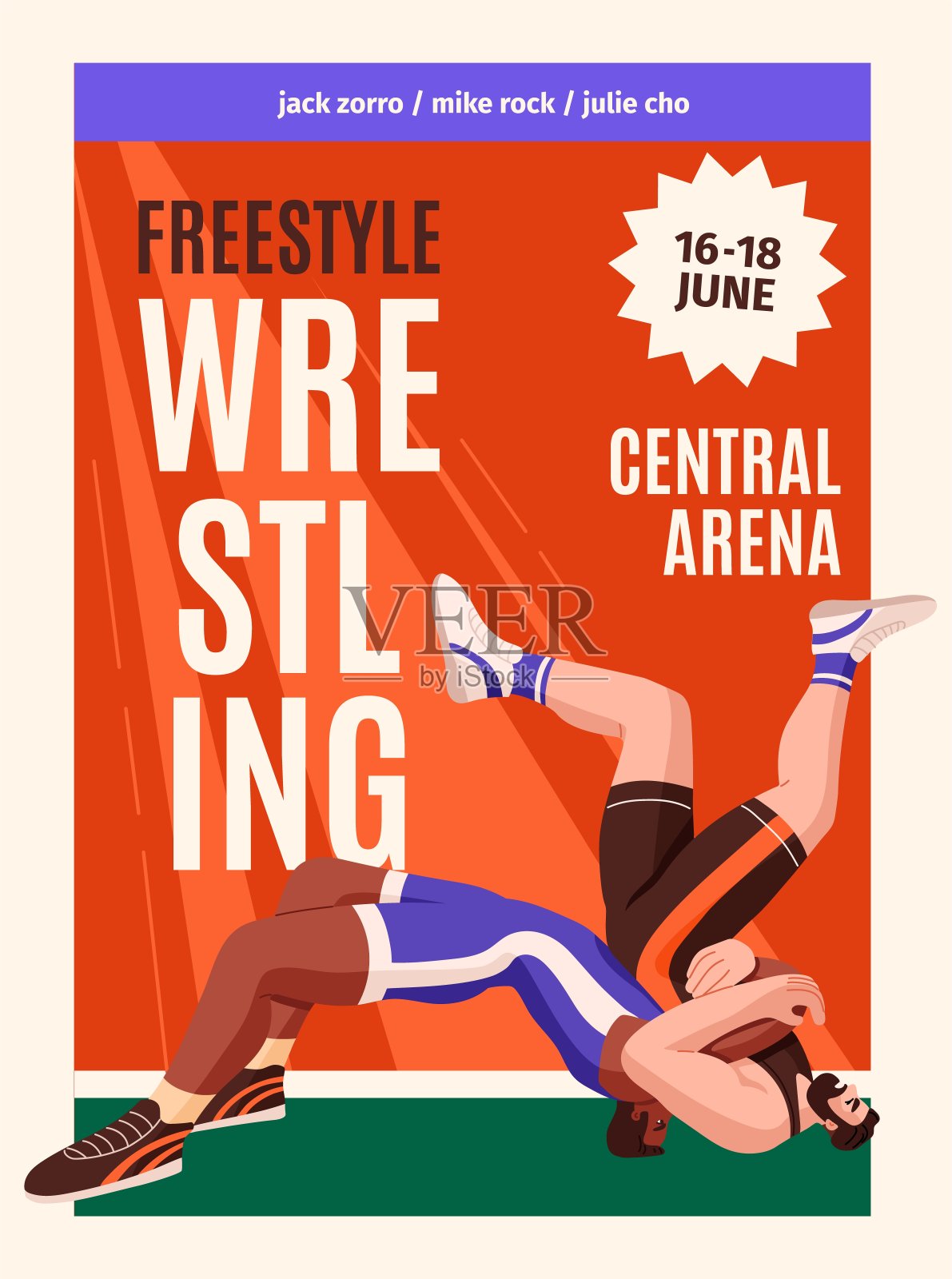 自由式摔跤比赛的广告海报。推广体育赛事，搏击比赛。职业摔跤手穿着制服将对手摔倒，在比赛中进行扭打。平面矢量图插画图片素材