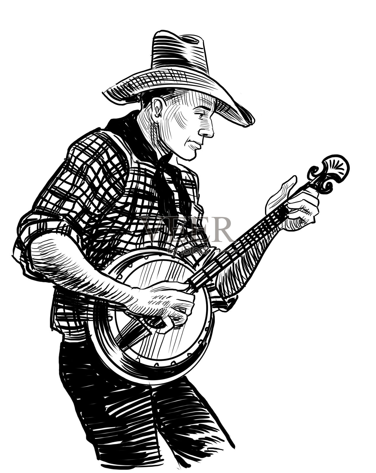 牛仔弹班卓琴插画图片素材