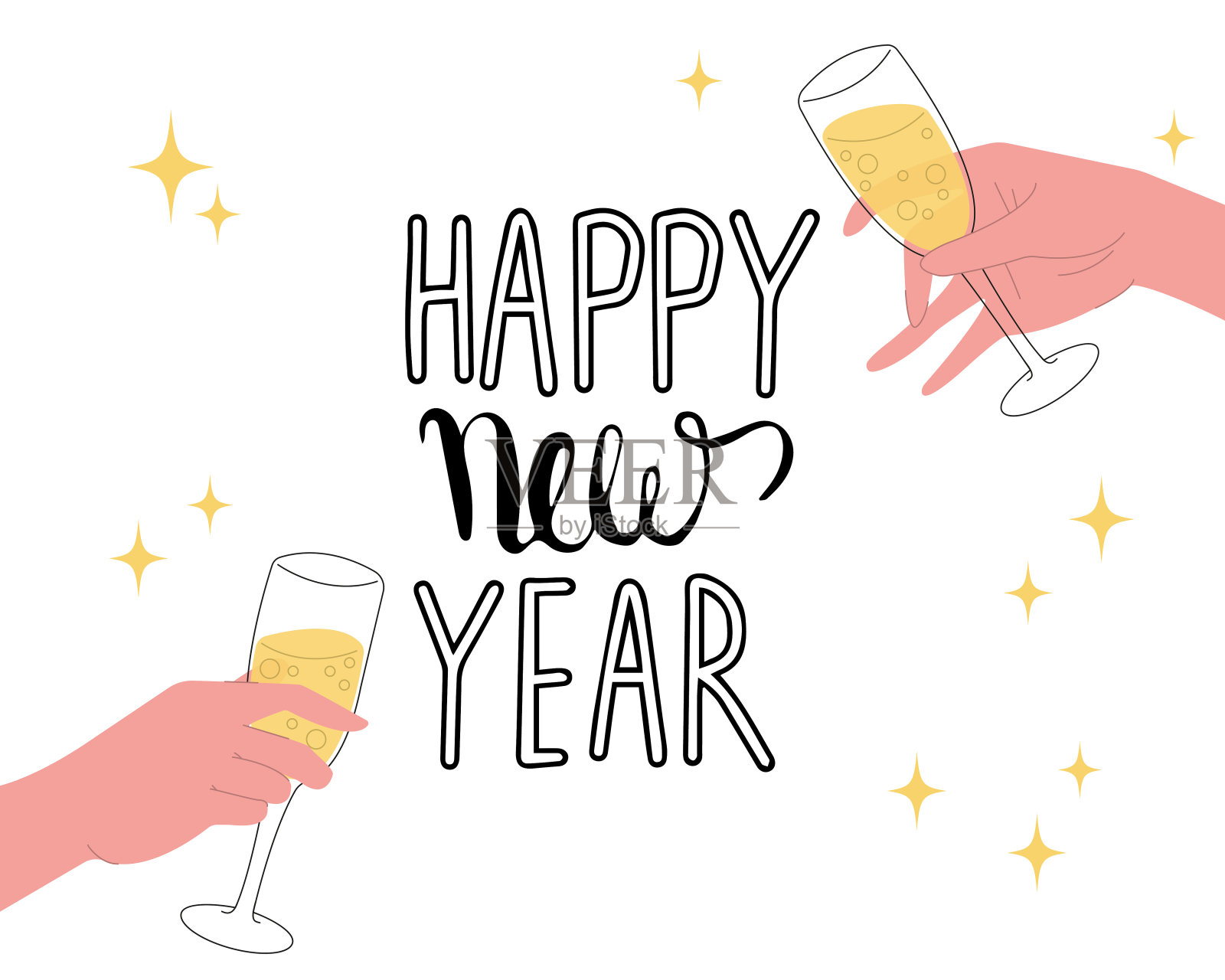 新年快乐矢量卡。手里拿着香槟的酒杯。与朋友欢聚新年。香槟，矢量平面插图。成功的庆祝活动。插画图片素材