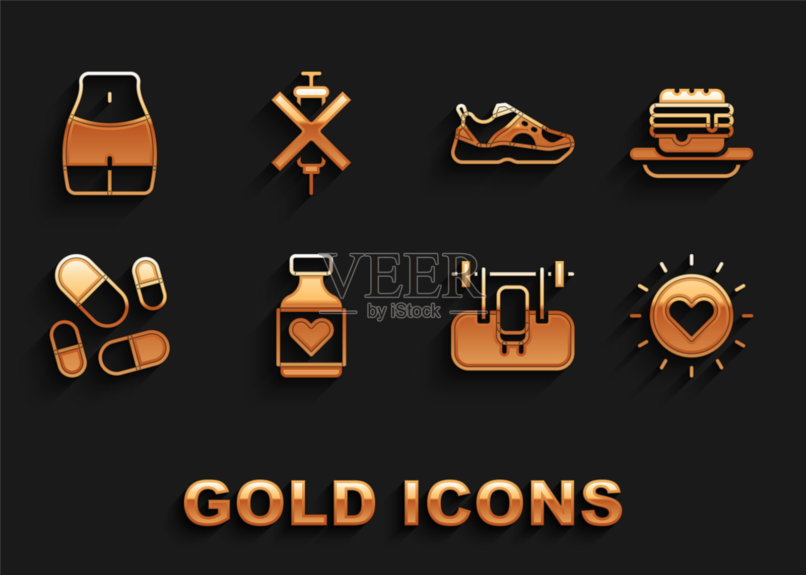 设置维生素丸，垃圾食品，太阳，长凳与杠杠，运动鞋，女性腰部和无兴奋剂注射器图标。向量插画图片素材