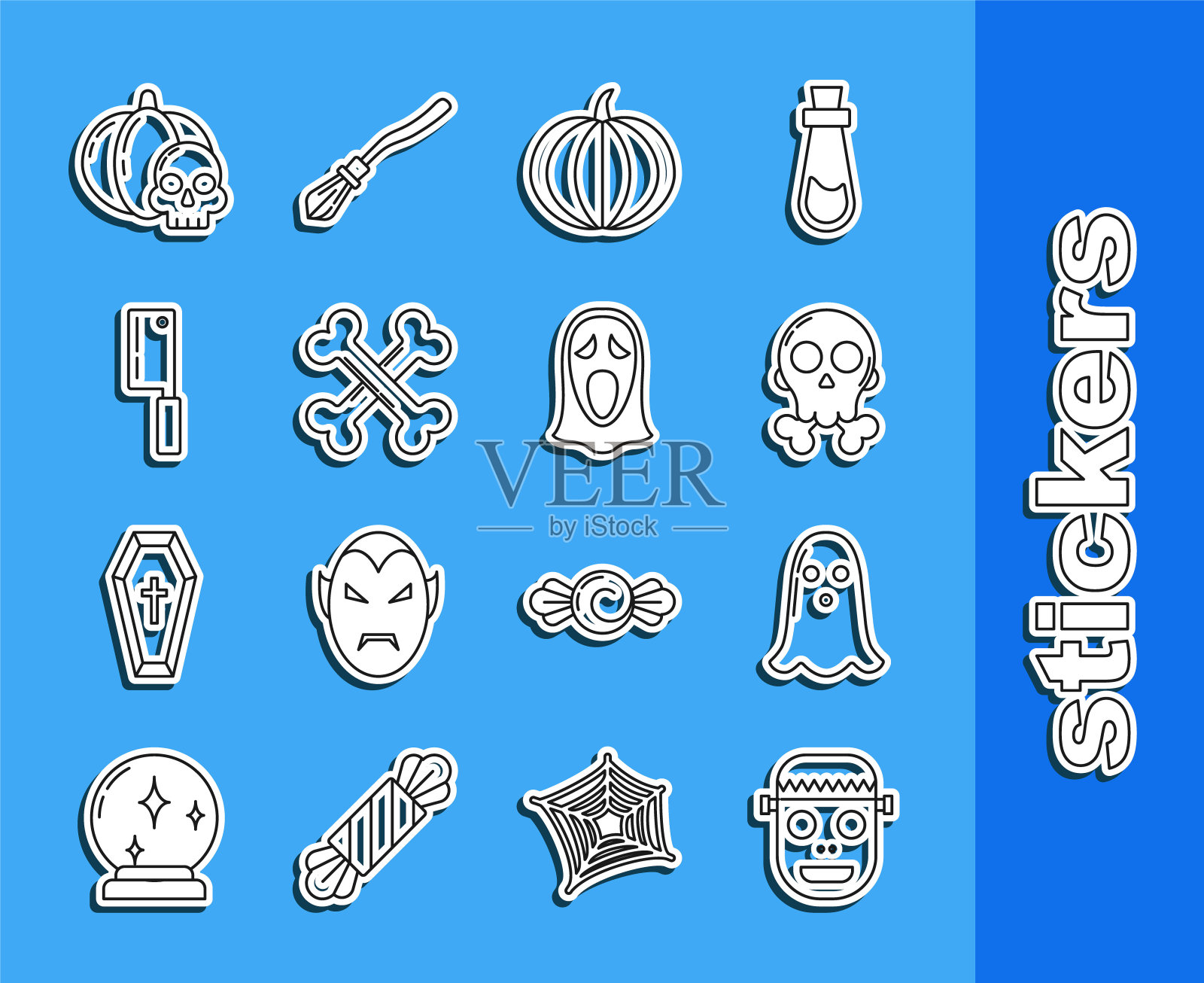 设置线僵尸面具，鬼，骷髅在交叉骨头，南瓜，交叉，肉斩，骷髅和有趣的万圣节图标可怕的鬼。向量插画图片素材