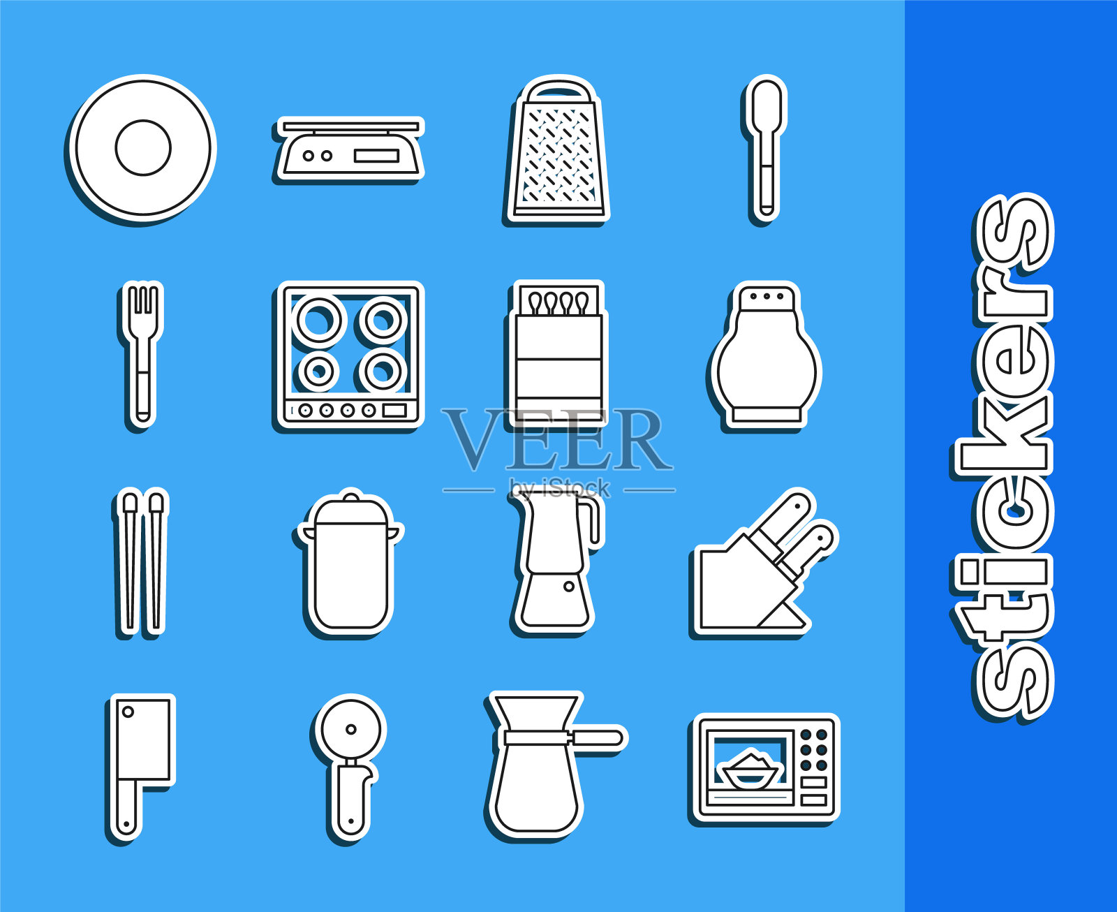 设置线微波炉，刀，盐和胡椒，磨碎器，煤气灶，叉子，盘子和打开火柴盒火柴图标。向量插画图片素材